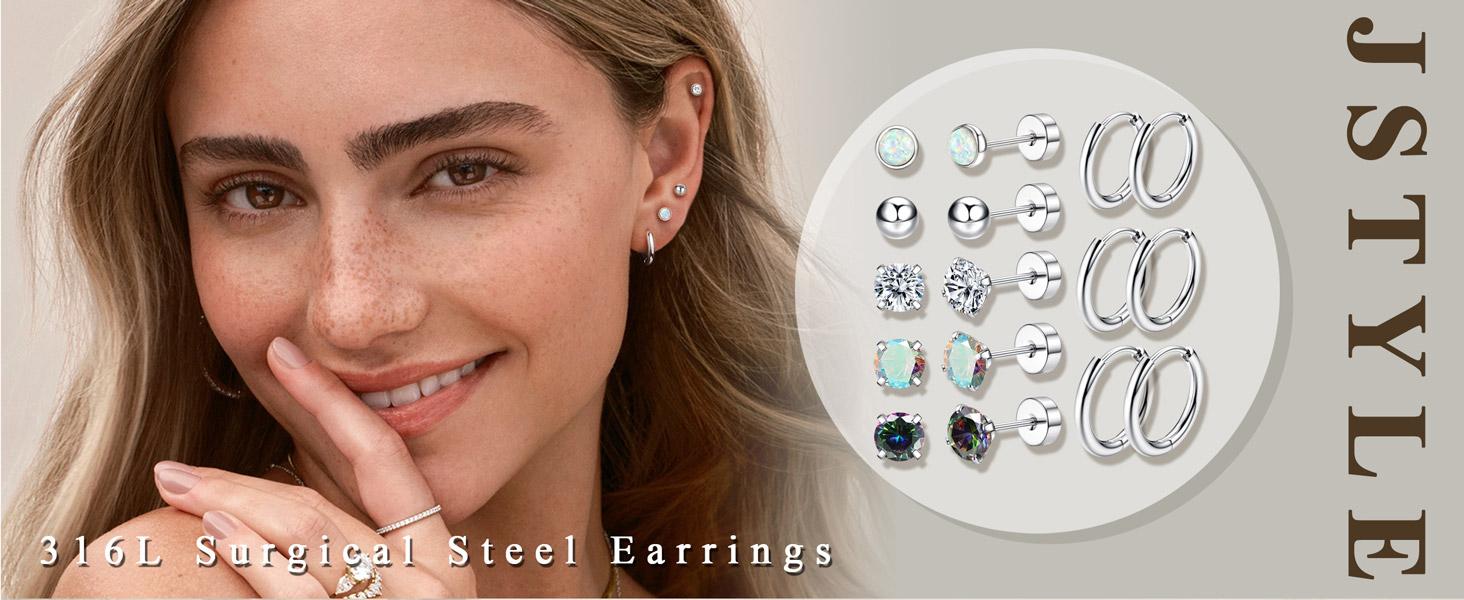 Fashionable fine needle earrings Steel Earrings for Hypoallergenic 20G Stainless Steel Small Opal Ball CZ Surgical Steel Flat Back Earrings Cartilage Earrings Hoop for Women Men
