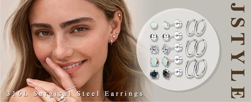 Fashionable fine needle earrings Steel Earrings for Hypoallergenic 20G Stainless Steel Small Opal Ball CZ Surgical Steel Flat Back Earrings Cartilage Earrings Hoop for Women Men
