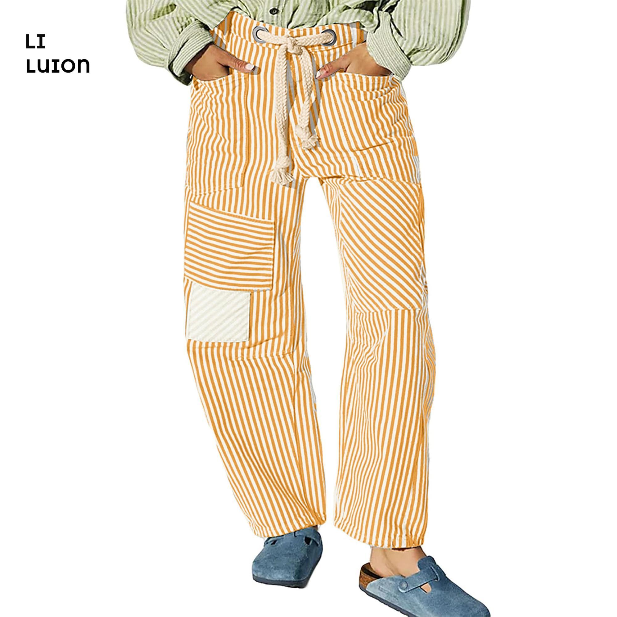 Women Striped Pants, Elastic Waist Drawstring Patchwork Wide Leg Pants Loose Trousers with Pockets
