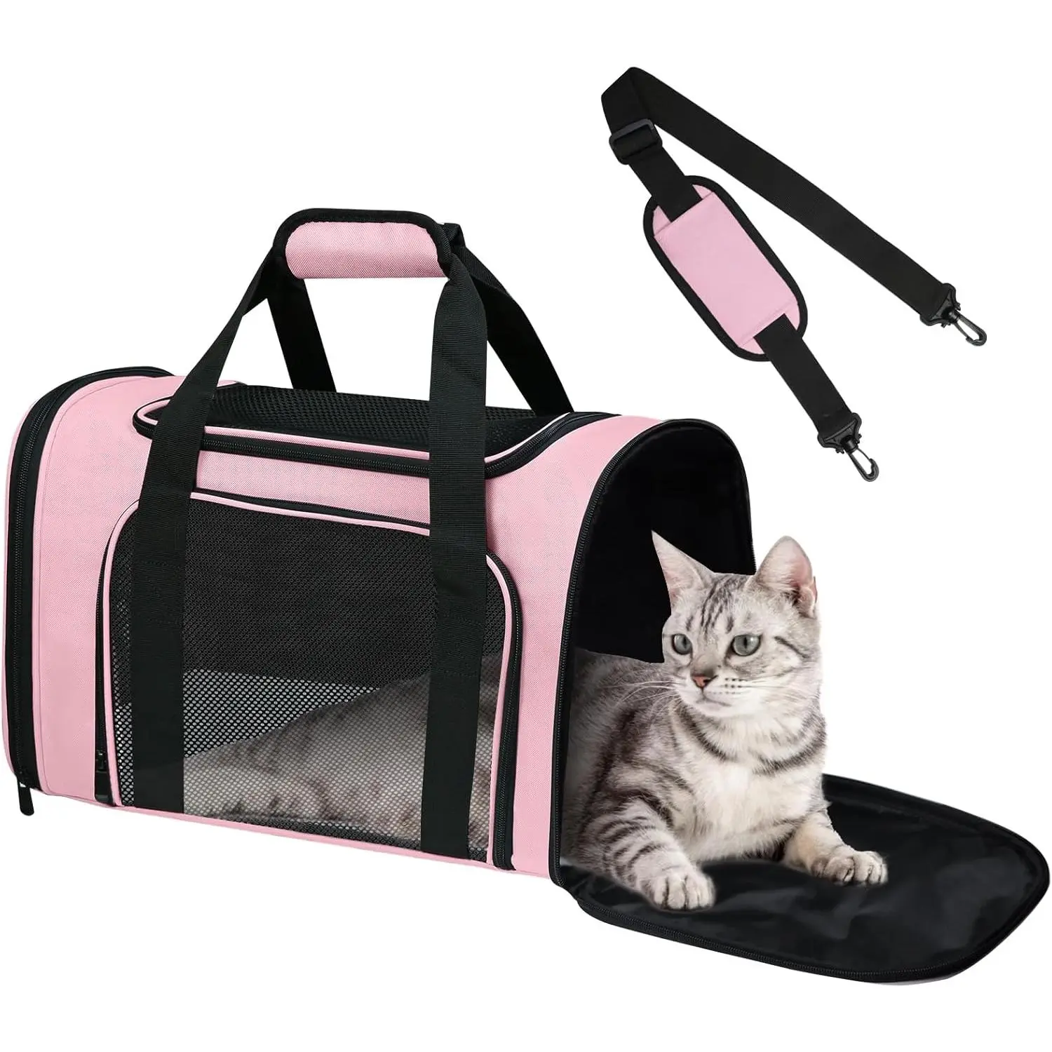 Polyester Soft-Sided Pet Travel Carrier - TSA & Airline-Approved, 17"x11"x11", Collapsible, Waterproof, Mesh Panels, Zipper Closure, Dual Handles, Breathable Space for Small/Medium Cats/Dogs (Up to 15lbs) - Pink
