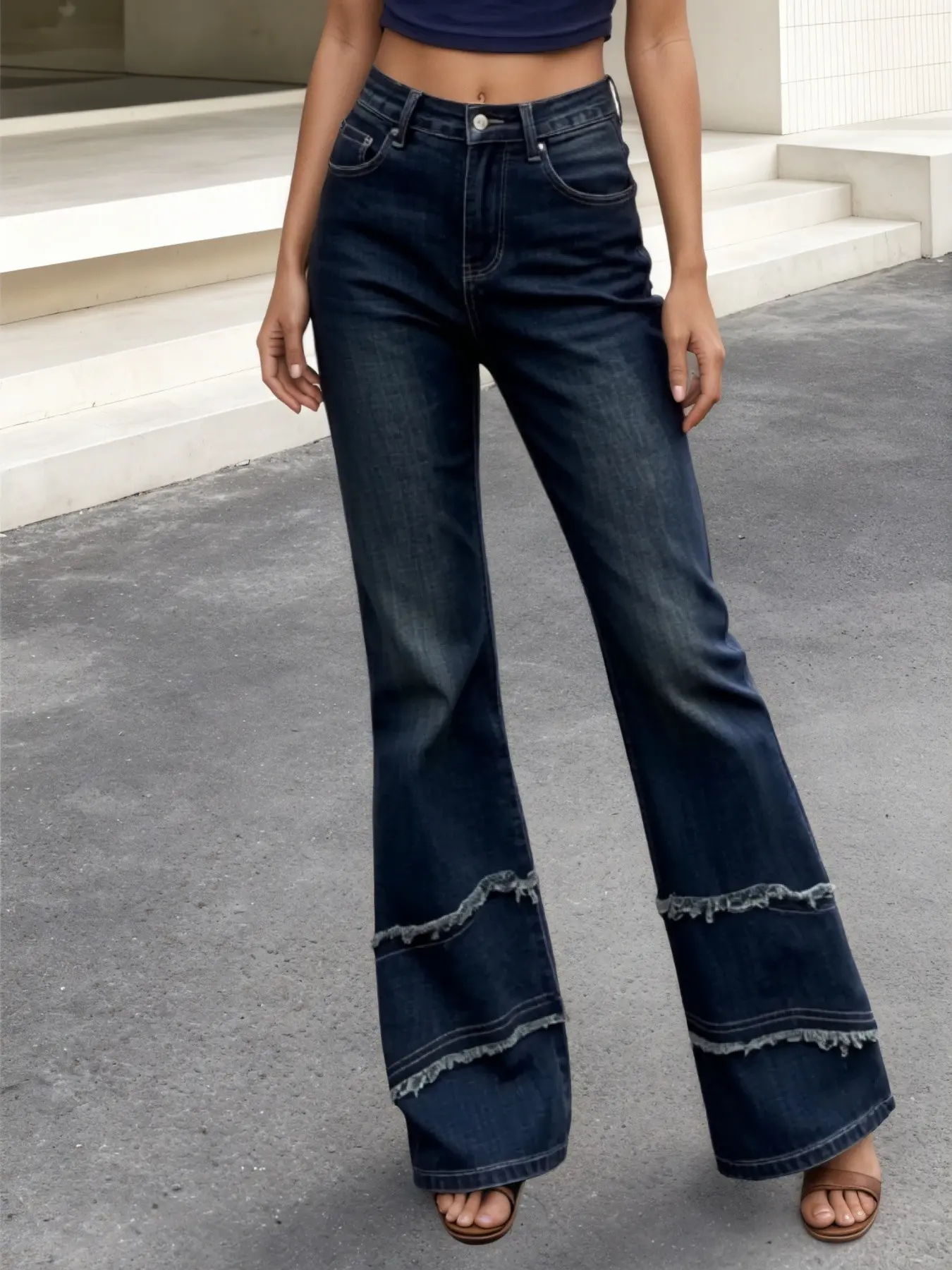 Women's Denim Jeans Dark Wash Patchwork Frayed Edge Slim Fit Stretch Micro Flare Long Pants, Perfect for Office Commute, Trendy Daily Wear