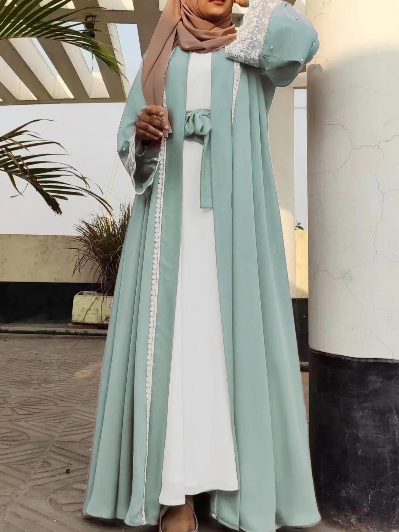 Women's Contrast Lace Belted, Elegant Long Sleeve Open Front Abaya Modesty Abaya for Party Holiday Vacation, Ladies Islamic Clothing for All Seasons