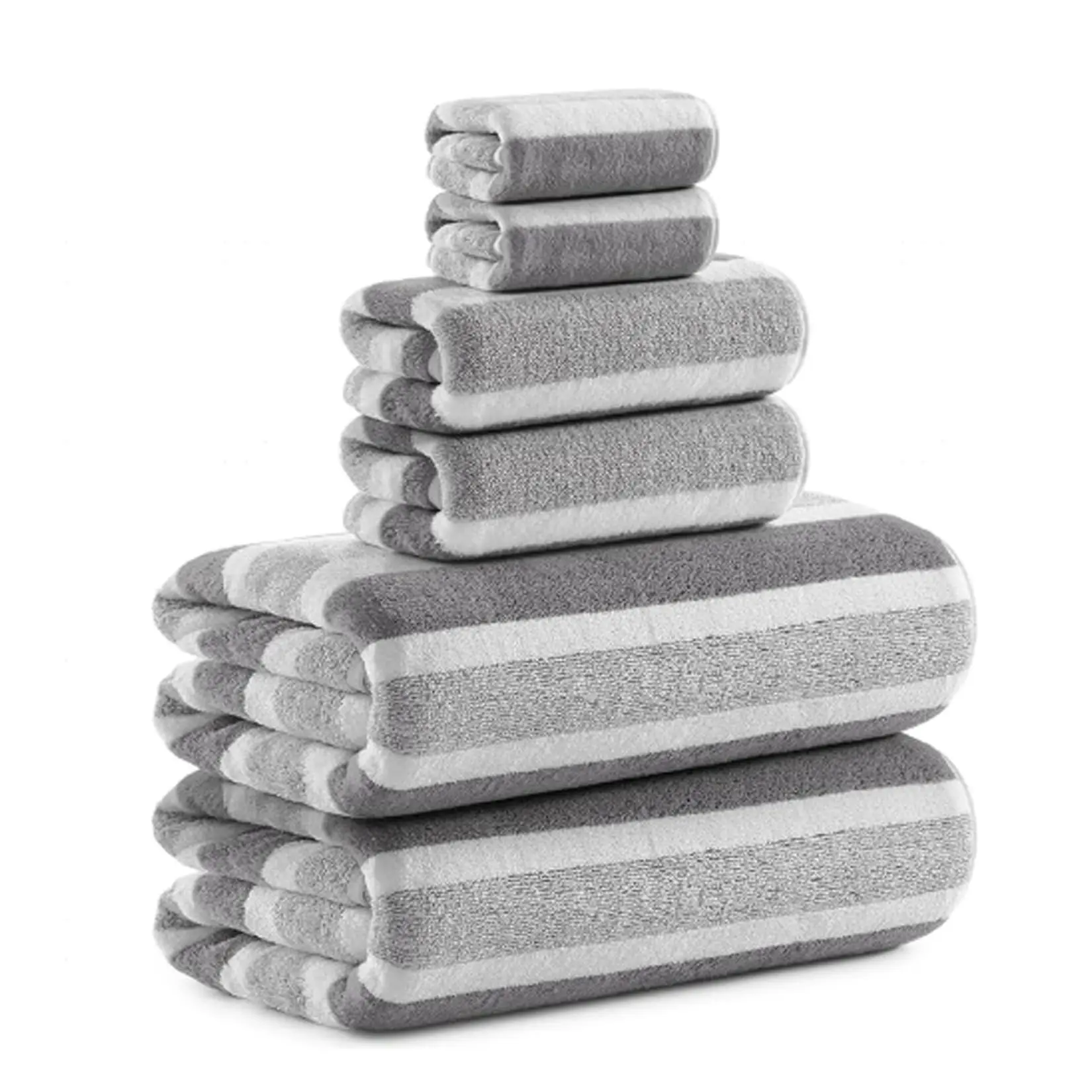 6-Piece Striped Microfiber Bathroom Towel & Washcloth Set, Multi-Size (Bath/Hand/Wash), Quick-Dry Gray & White Towels for Bathroom, Striped Set