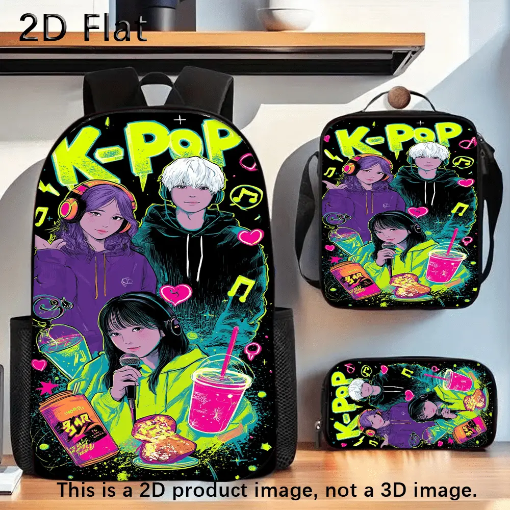 This 3-piece neon K-pop style backpack set includes a spacious backpack, a pencil case, and a zippered lunch bag. Featuring adjustable shoulder straps, it is perfect for daily commuting and is a must-have for back-to-school.