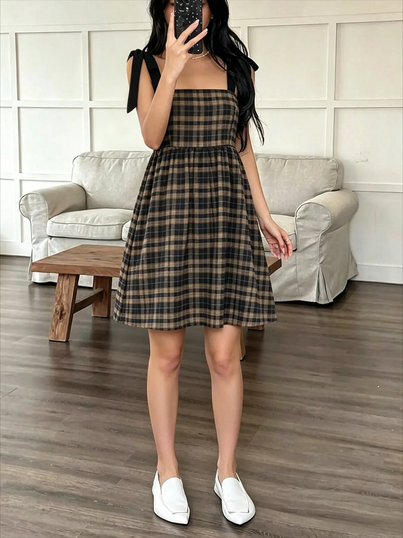 Academic Style Plaid Halter Dress, Adjustable Bow Wide Straps, Square Neck, Waist Cinch, A-Line, Short Dress for Petite Women