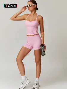 Women's Two-piece Solid Backless Cami Top & High Waist Shorts Set, Sleeveless Spaghetti Strap Crop Top & Skinny Shorts, Ladies Sportswear for Indoor Outdoor Wear, Gym Wear, Athleisure Wear Set