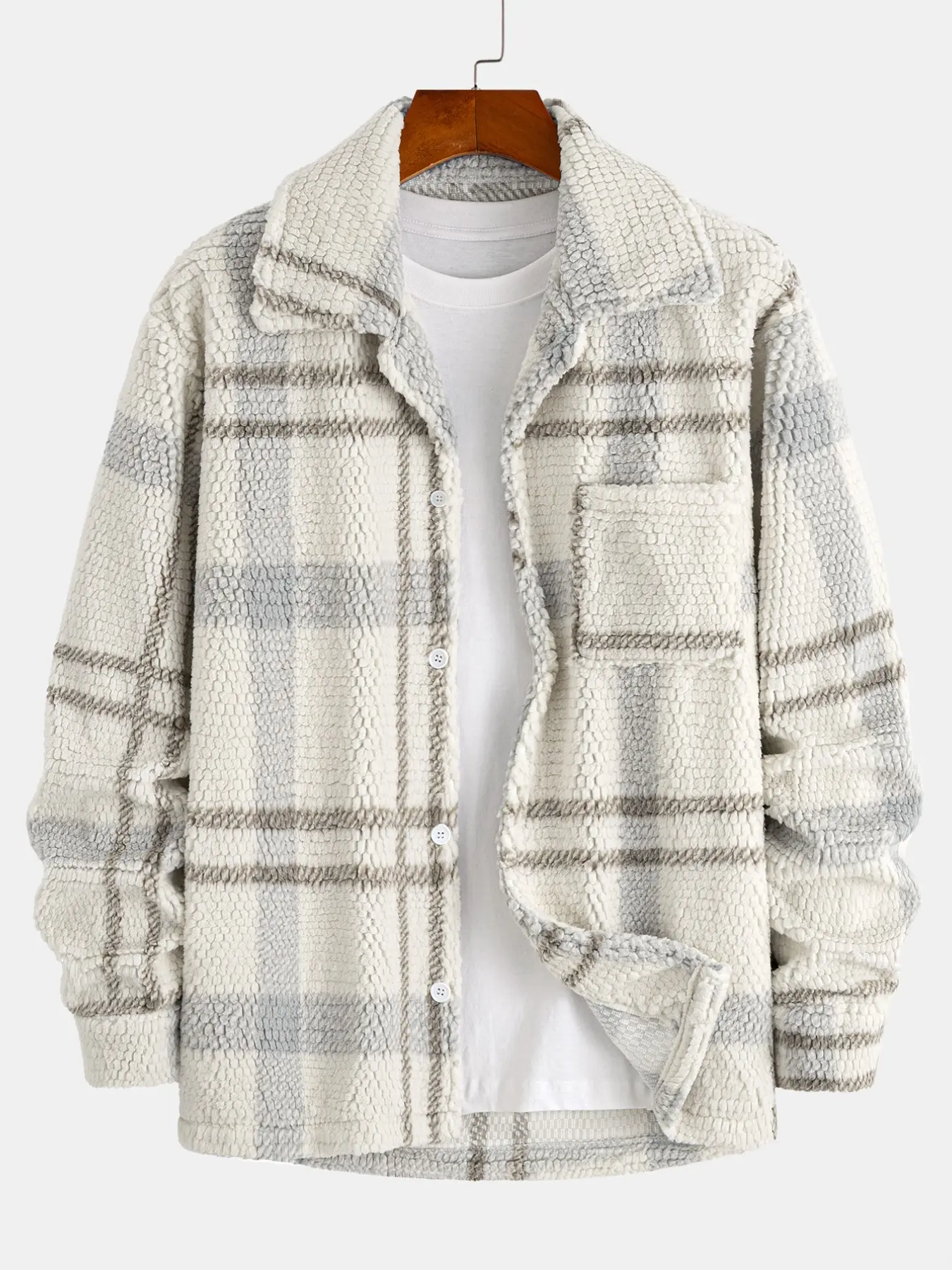 Men Plaid Fluffy Fleece Shirt Jacket, Lapel Button-Up Plush Coat with Chest Pocket, Autumn Winter Casual Outerwear for Daily Commute