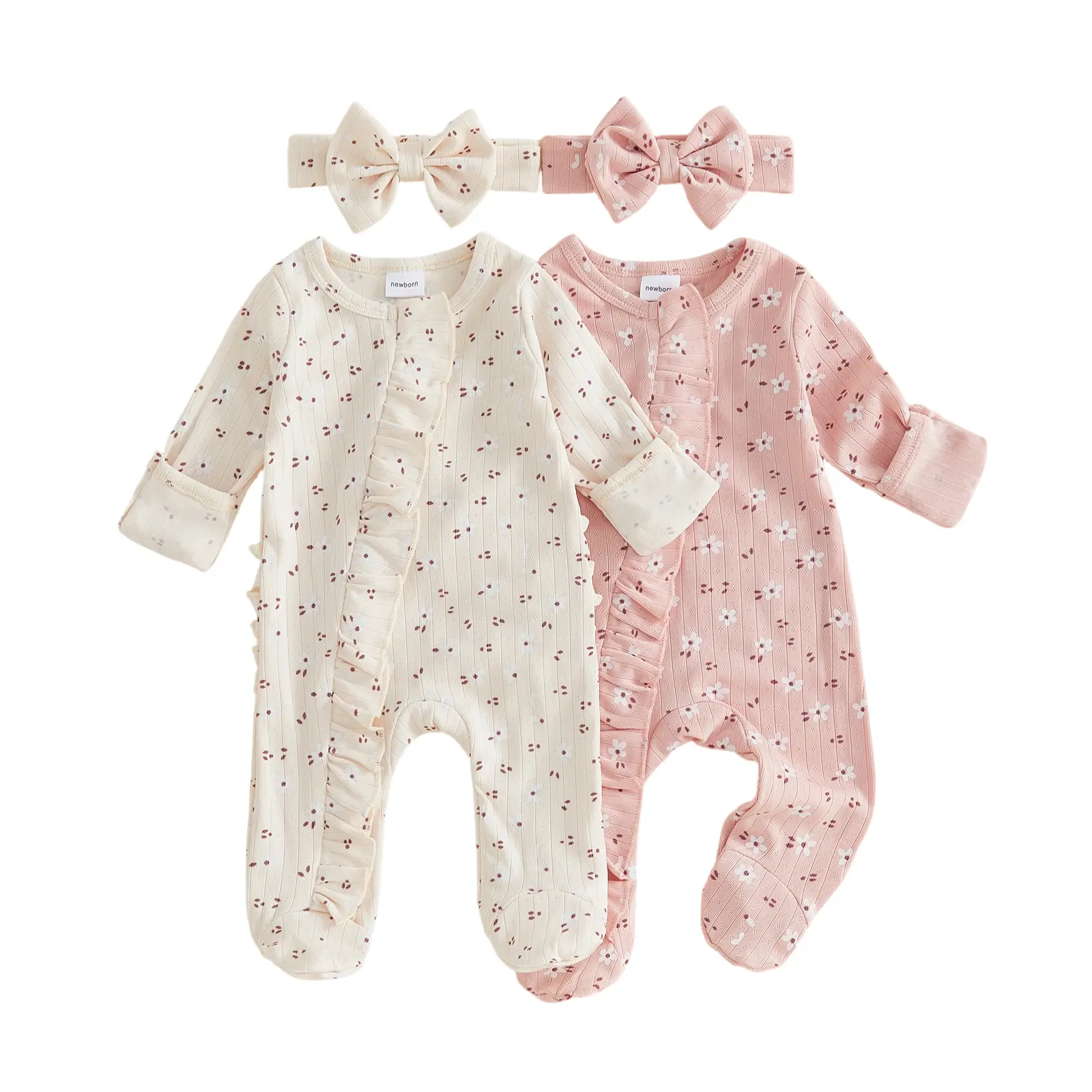 Newborn Baby Girls Fall Zipper Jumpsuit Long Sleeve Floral Footed Romper with Headband 0-6 Months