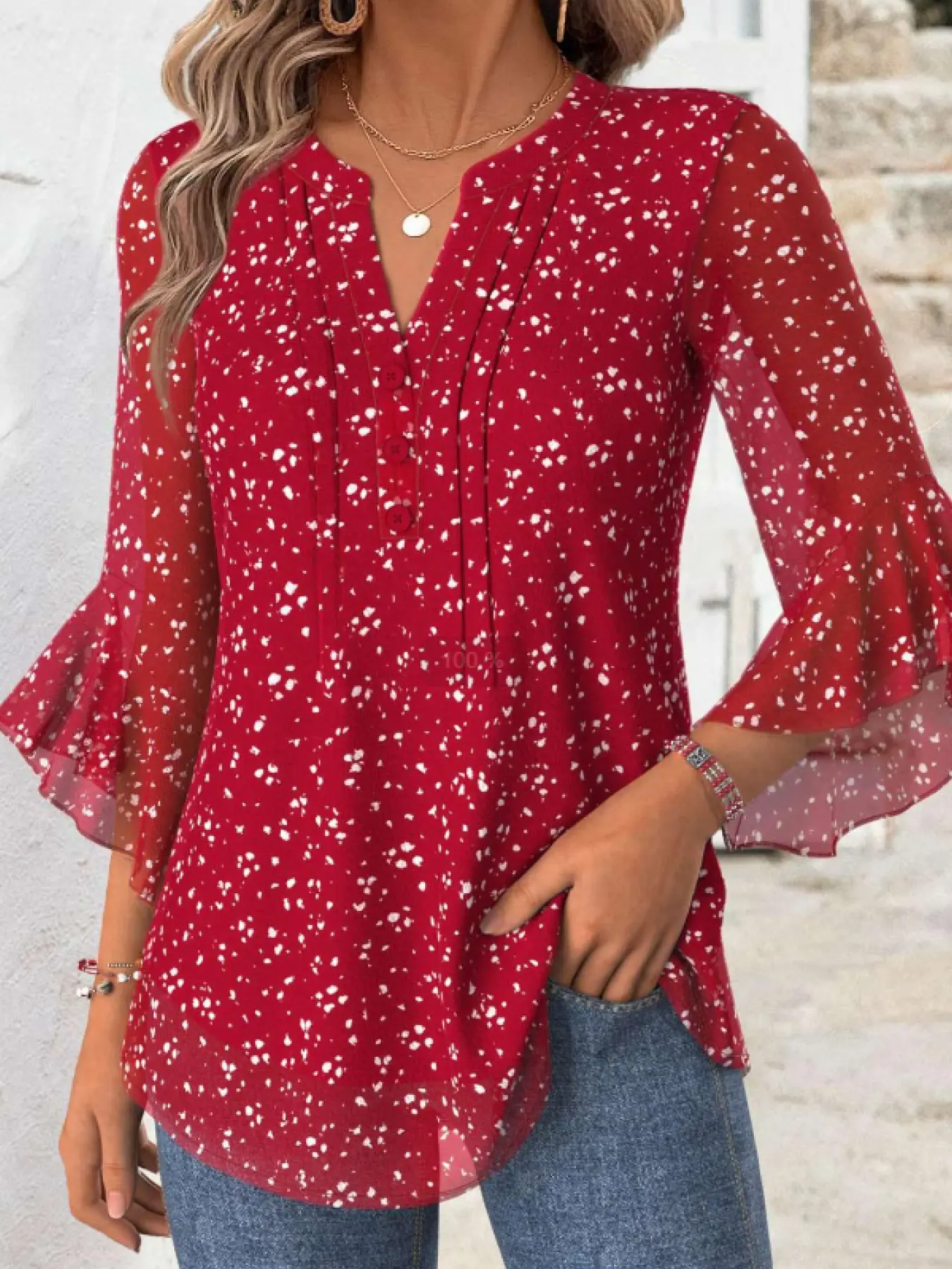 A ladies' red V-neck buttoned lace long-sleeved shirt with a graceful and elegant style, suitable for the festive atmosphere of Christmas Blouses
