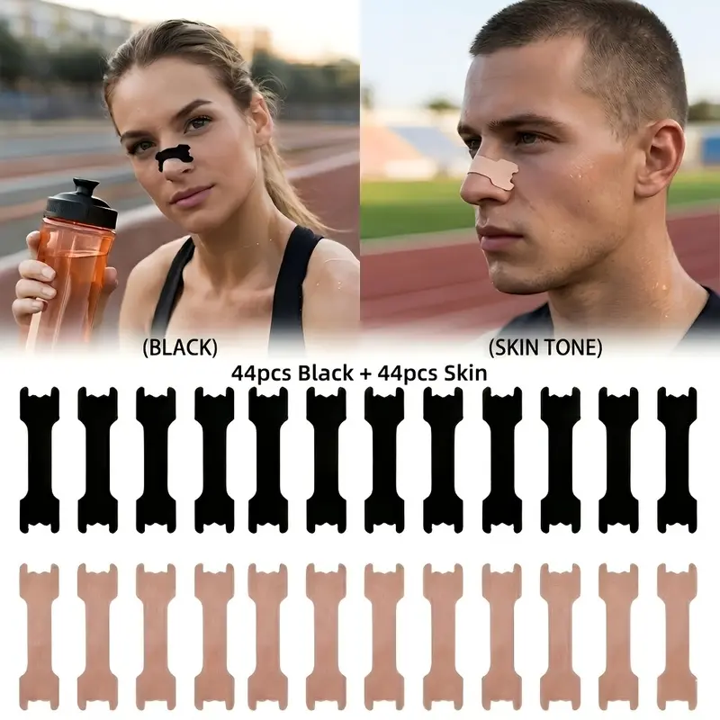 88 Pack Sports Nasal Strips (44 Black + 44 Light Beige), Flexible Soft Fit, Comfortable to Wear, Durable Hold for Exercise, Outdoor Running, Office Work, Travel & Casual Attire
