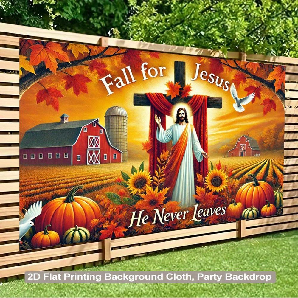 2D Flat, 1pc Fall Jesus Religious Backdrop Banner - Christian Church Party Decorations with "Fall for Jesus He Never Leaves" - Autumn Farm Scene in Warm Orange, Red, Yellow, Green, Brown - Hanging Wallpaper