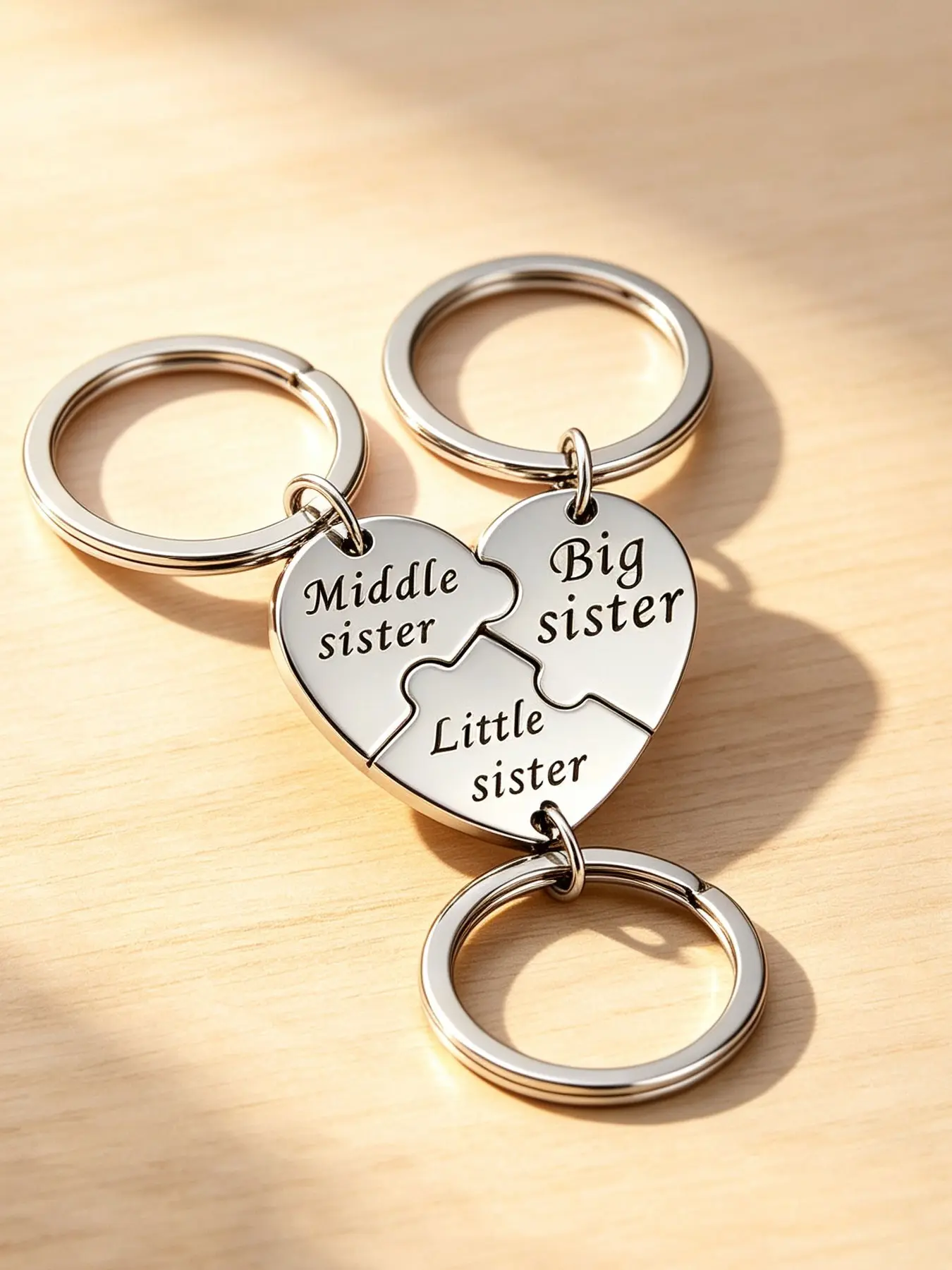 Sibling Keychain Set for Three Sisters, Heart-Shaped Keychains, Sibling Jewelry Gift, Perfect for Big Sister, Middle Sister, Little Sister, Metal Keychains