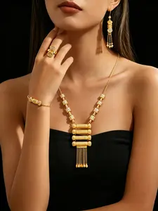 18K Gold Plated 4PCS African Filigree Tassel Jewelry Set, Hollow Cylinder Pendant Choker Necklace, Drop Earrings & Statement Ring, Extender Chain Included, Hypoallergenic Tarnish Resistant Wedding Bridal Jewelry For Women