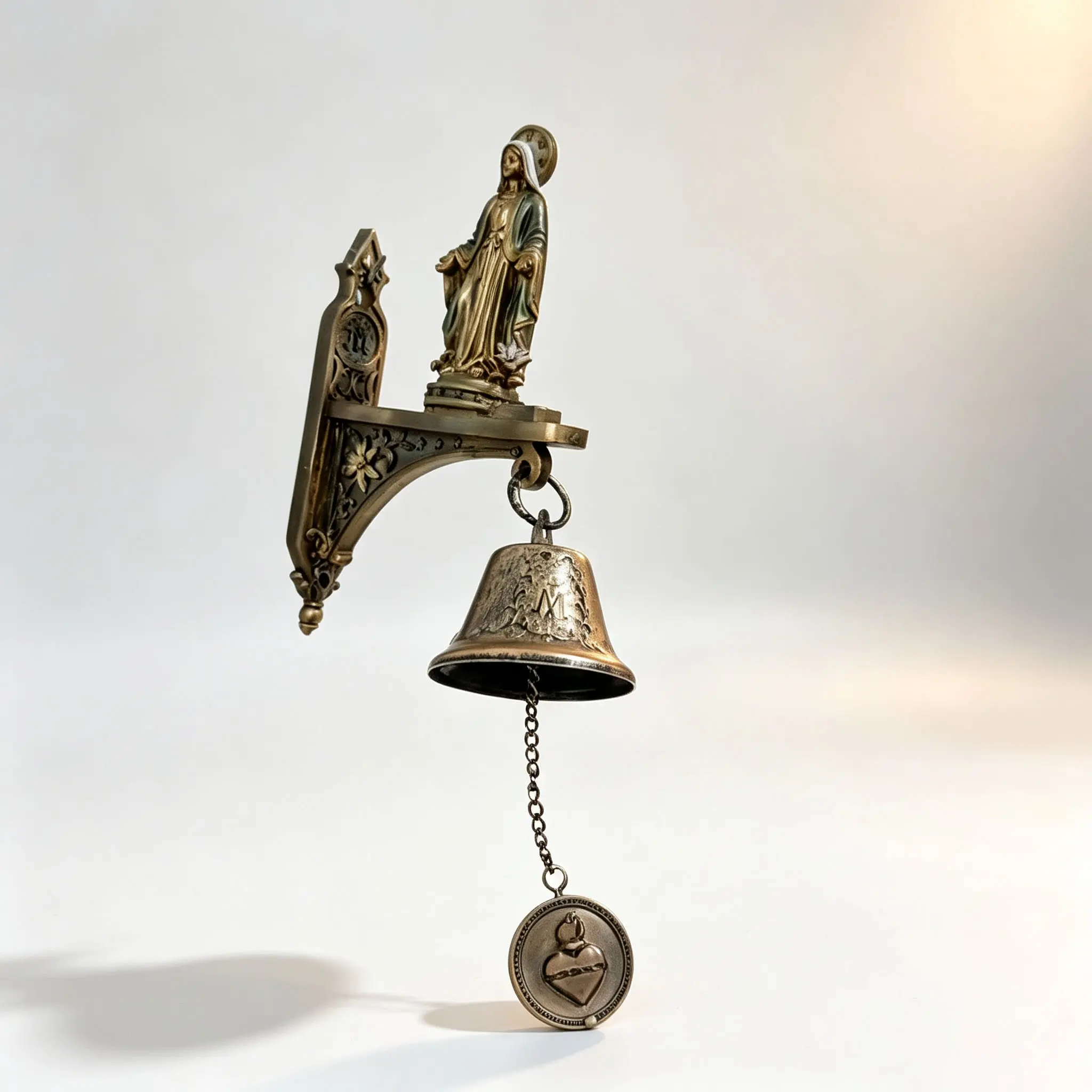 Antique Bronze Virgin Mary Wall Bell Decor, 29cm Carved Floral Bracket, Sacred Heart Bell, Spiritual Ornament, Religious Home Decor, Gift for Catholics