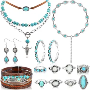 Misdary 15 Pcs Western Turquoise Jewelry Set for Women Bohemian Accessories Adjustable Belt Rings and Necklace Vintage Turquoise Drop Earrings Bracelet