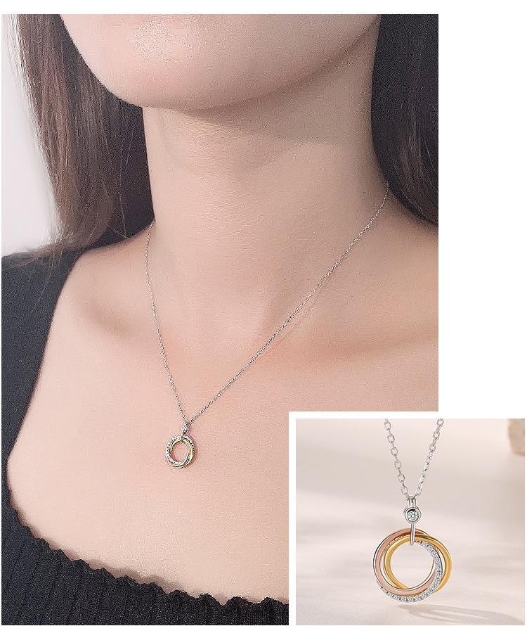 S925 Sterling Silver Three - Ring Colorful Zircon Circle Pendant Necklace Women's Fashion Design Daily Wear Festival Gift Jewelry