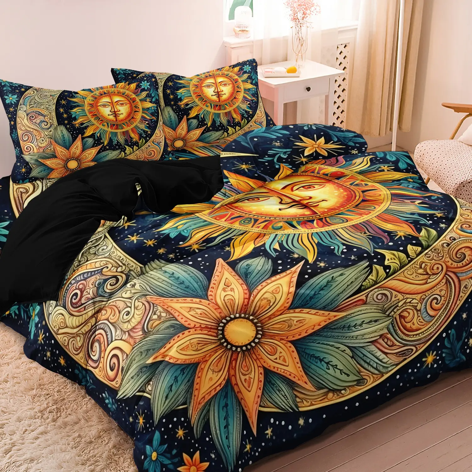 Vintage Sun Moon Floral Print Duvet Cover Set, 3 Pieces Dark Blue Starry Sky Celestial Sun Face Crescent Moon Boho Flower Pattern Bedding, Machine Washable Soft Breathable Bedding Linen (1 Duvet Cover + 2 Pillowcases, No Comforter No Pillow)