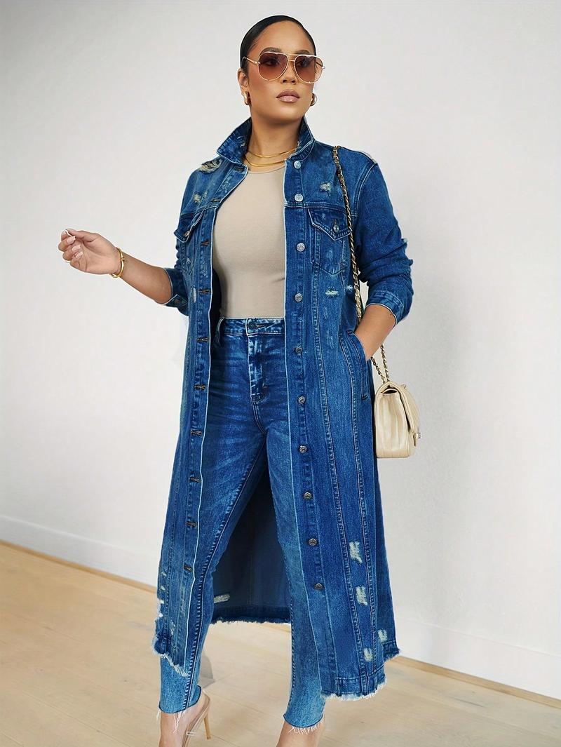 Womens Distressed Ripped Denim Trench Coat Casual Slim Button Down Washed Long Jean Jacket Long Sleeve Solid Color Coat