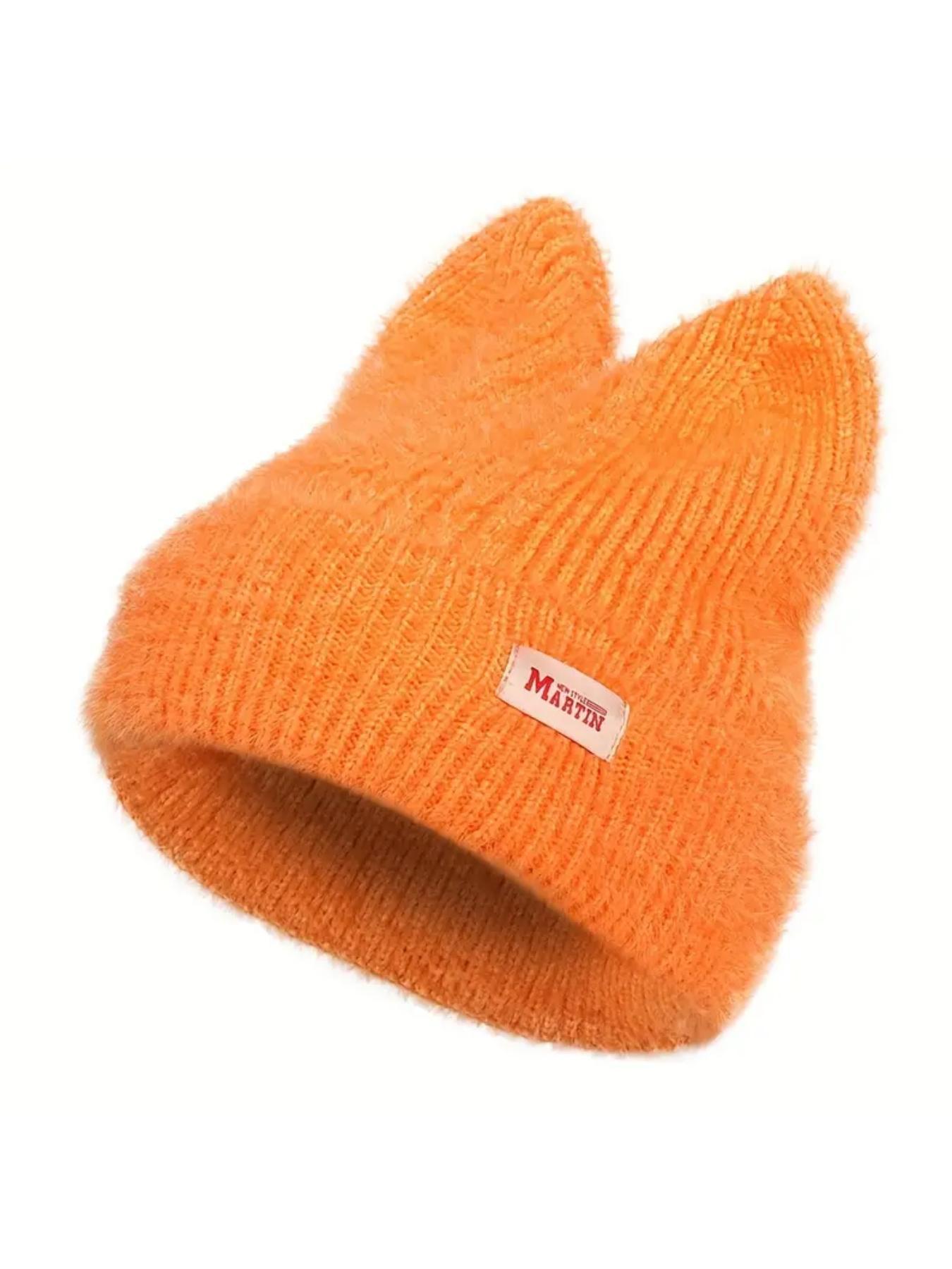 Cute Cat Ear Design Beanie Hat, Casual Solid-Color Knit Hat for Fall and Winter, Warm Pull-On Stretchy Knit Cap for Outdoor Activities
