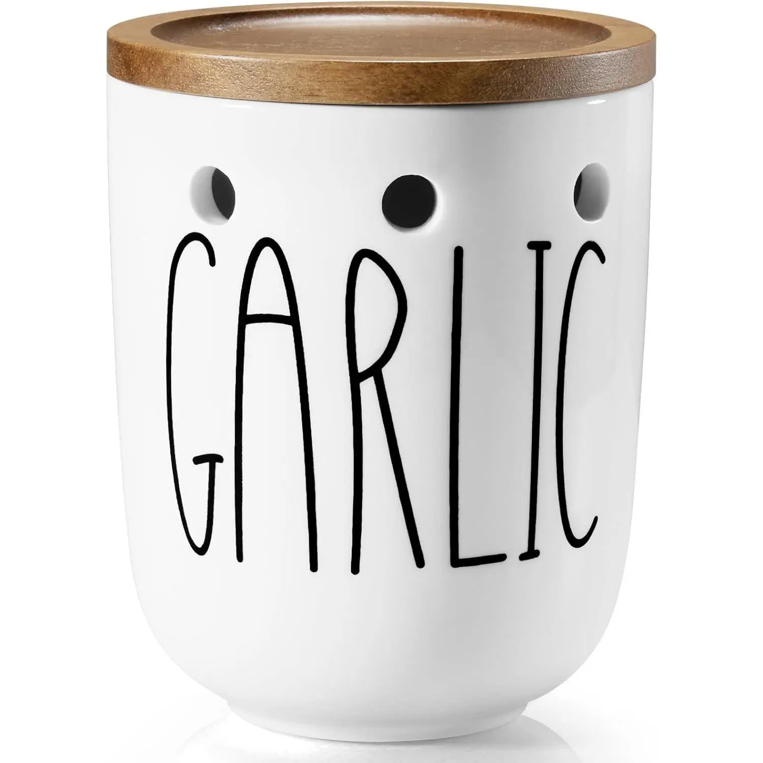 Ceramic Garlic Keeper for Counter, Large Garlic Holder with Acacia Wood Lid, Farmhouse Garlic Storage Container, Garlic Saver for Kitchen, White
