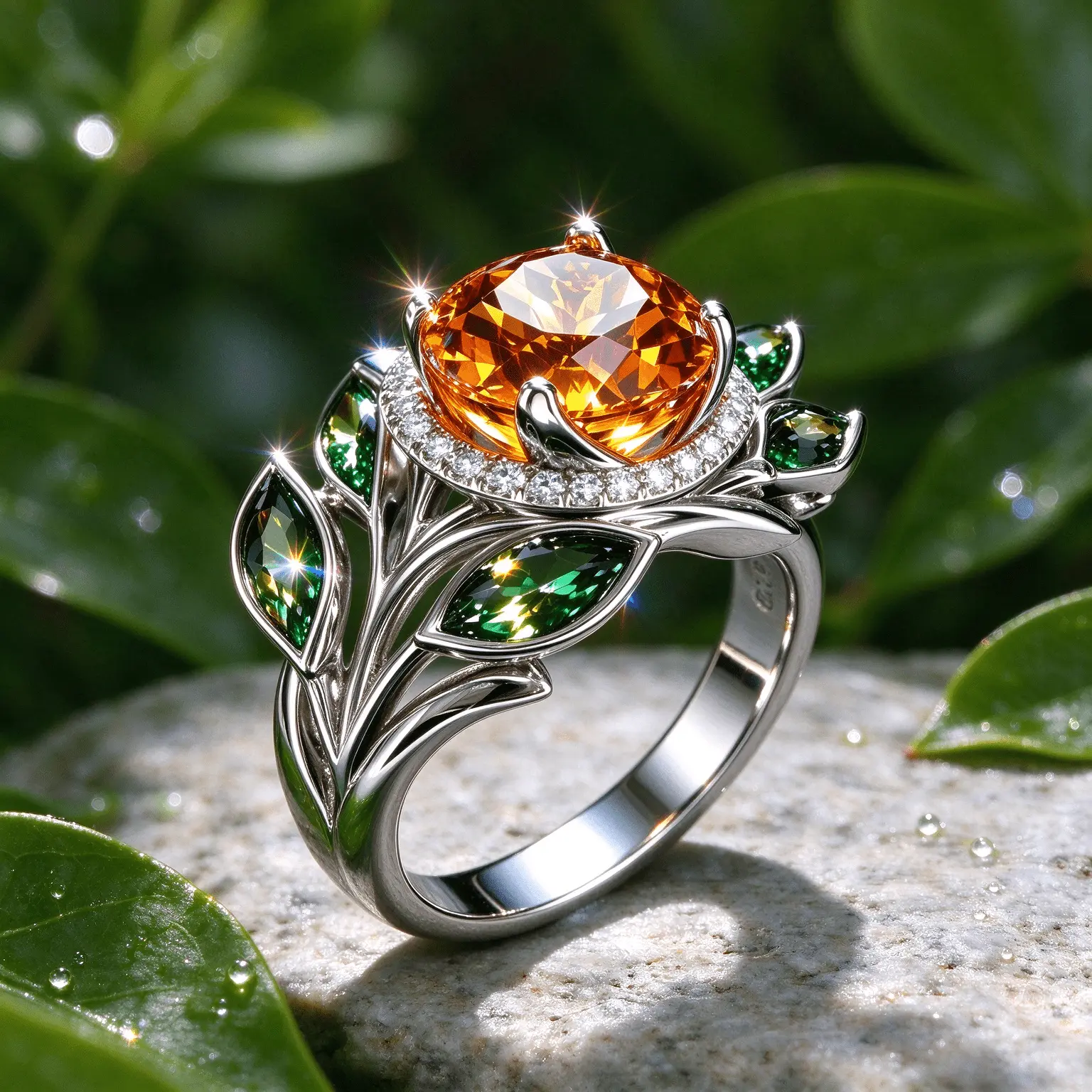Women's Nature Floral Statement Cocktail Ring, Oval Orange Zircon, Leaf-Shape Green Zircon Inlay, Fine Jewelry Gift, Sizes 6-10