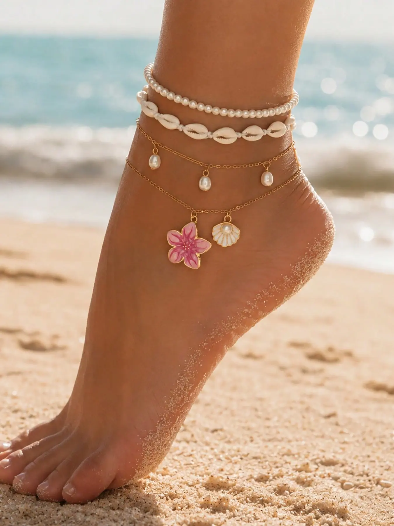 4-Piece Pearl Tassel Star Shell Anklet, Multi-Layer Design, Boho Style Foot Jewelry for Daily Wear and Vacation, Trendy Jewelry, Trendy Fashionable Accessories