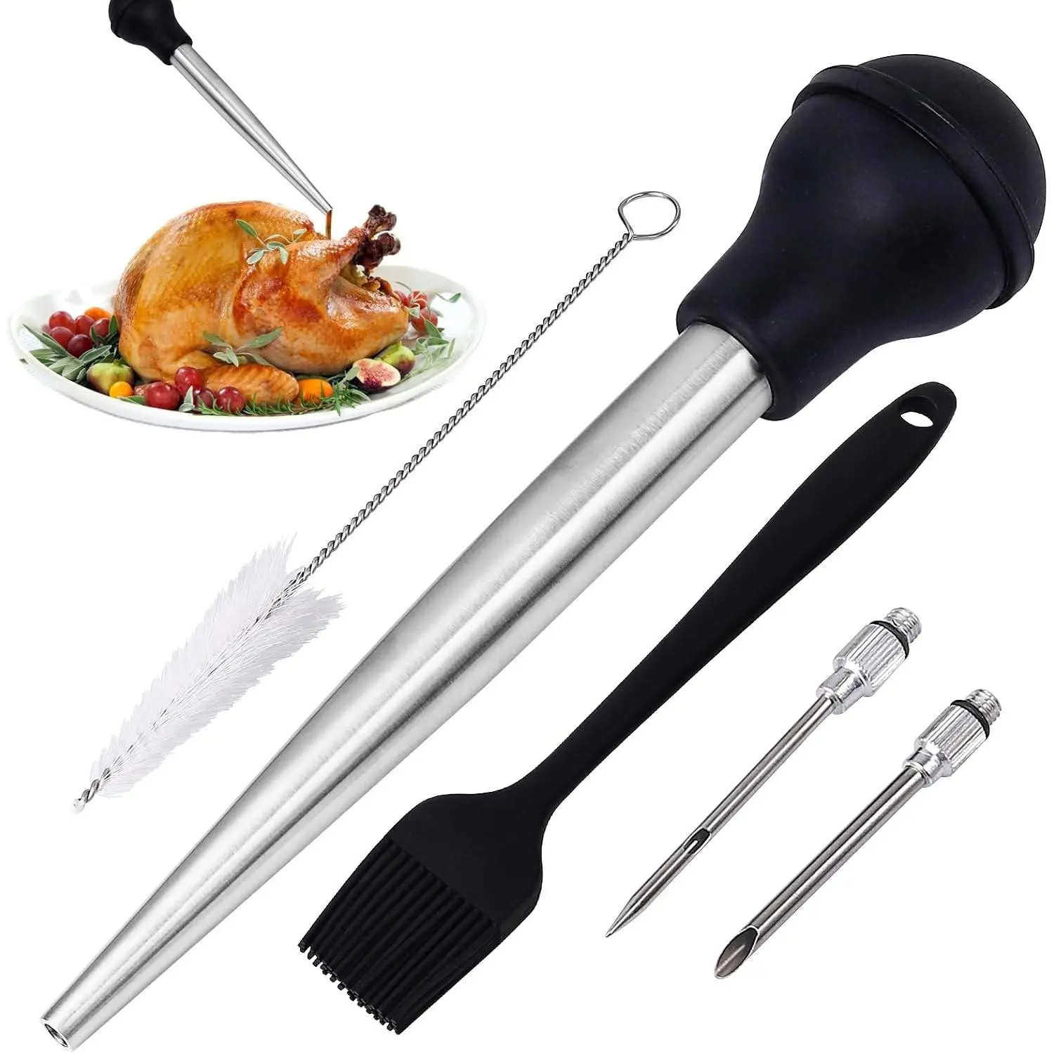 Turkey Baster Syringe for Cooking - Large Food-Grade Turkey Baster with Silicone Bulb, 2 Marinade Injector Needles, and Cleaning Brush - Turkey Baster for Juicy Roasts, BBQ, and Home Baking