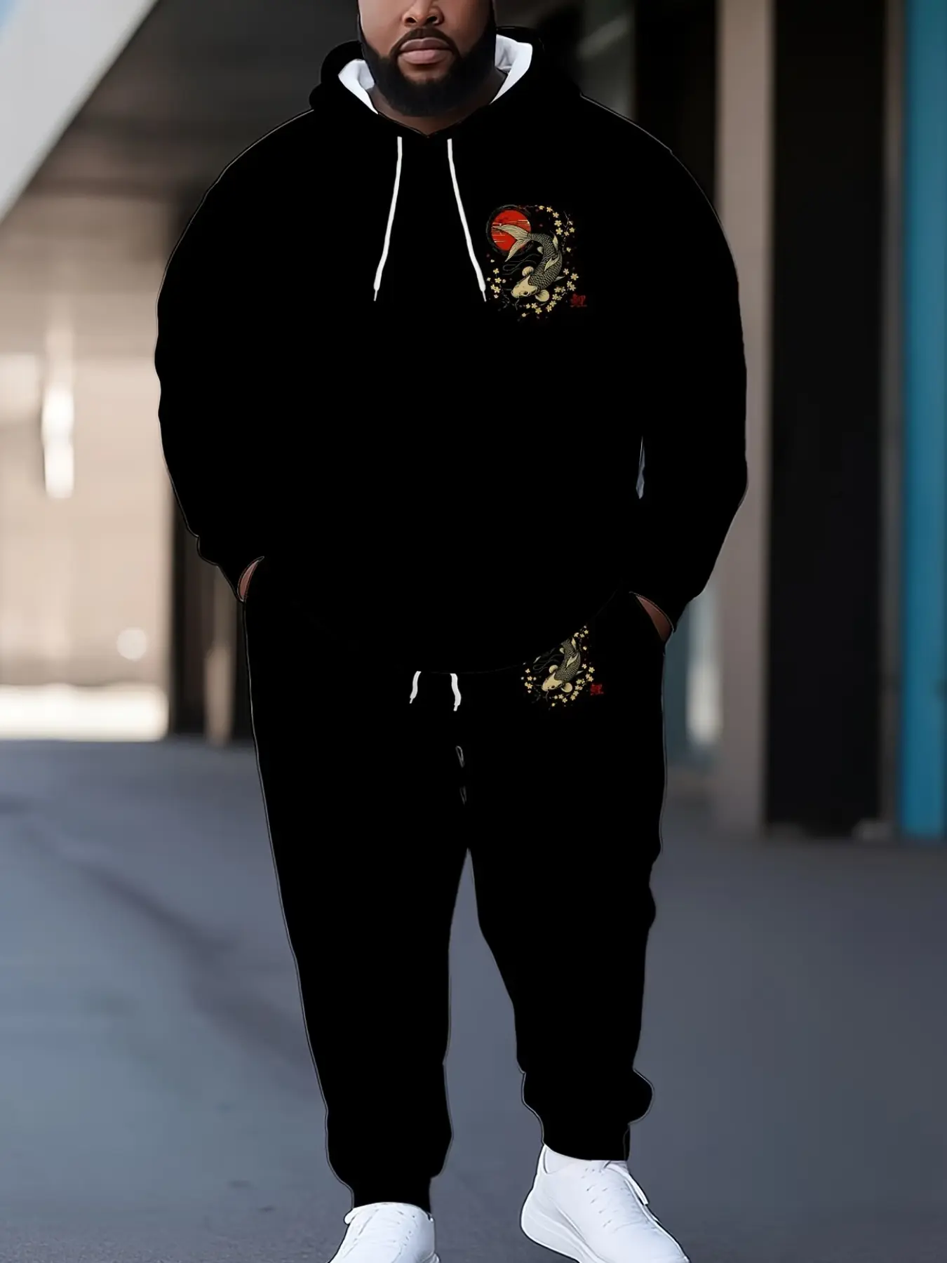 Men's 2-Piece Set, Base Ukiyo-E Sun Cherry Blossom Koi Print Hoodie and Pants, Casual Sportswear, Loose-Fit, Long Sleeve