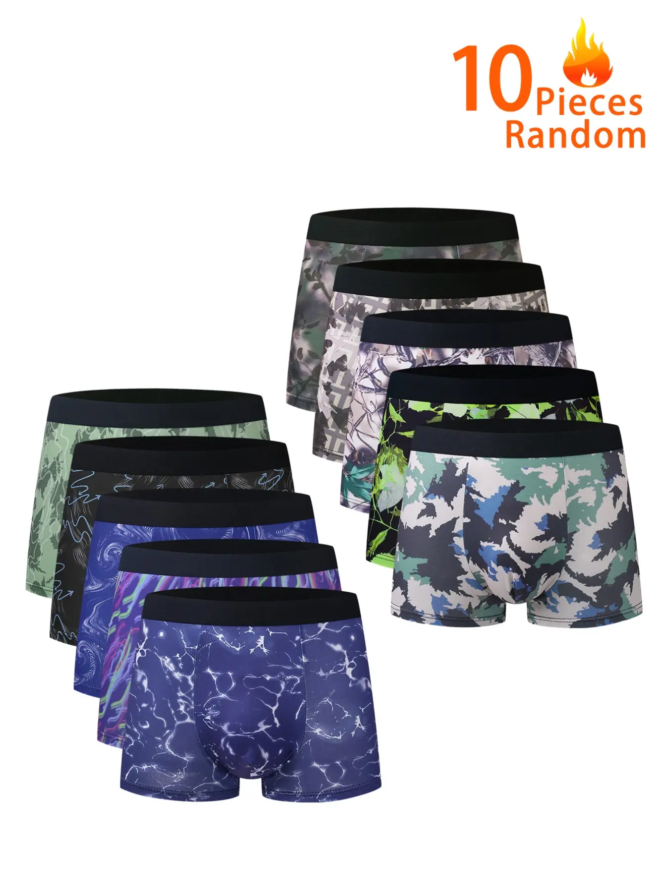 10 Pcs Random Pack Trendy Printed Camouflage Men's Boxer Briefs, High Elastic Wide Waist, Comfortable Casual Trunks, All Seasons Wear