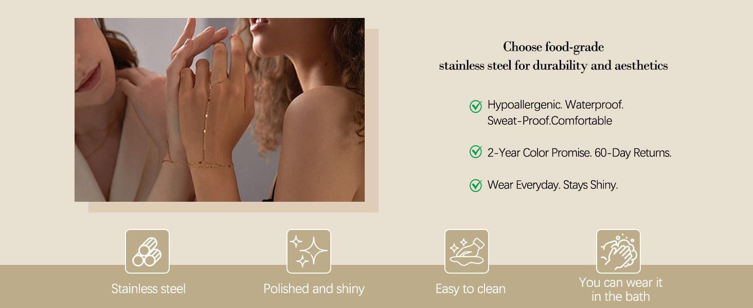 Hand Chain 18K Gold Plated Stainless Steel Non Tarnish Link with Finger Ring Bracelet Stacks Valentines Day Gifts for Her Waterproof Jewelry Gold Handchain Indian Bracelets for Women