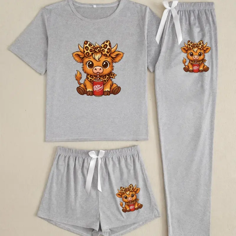 Women's 3-Piece Highland Cow Pattern Homewear Set, Casual Loose-Fitting Cartoon Pattern Sleepwear, All-Season Unlined Nightwear, Matching Pajamas, Comfortable Loungewear for Daily Wear