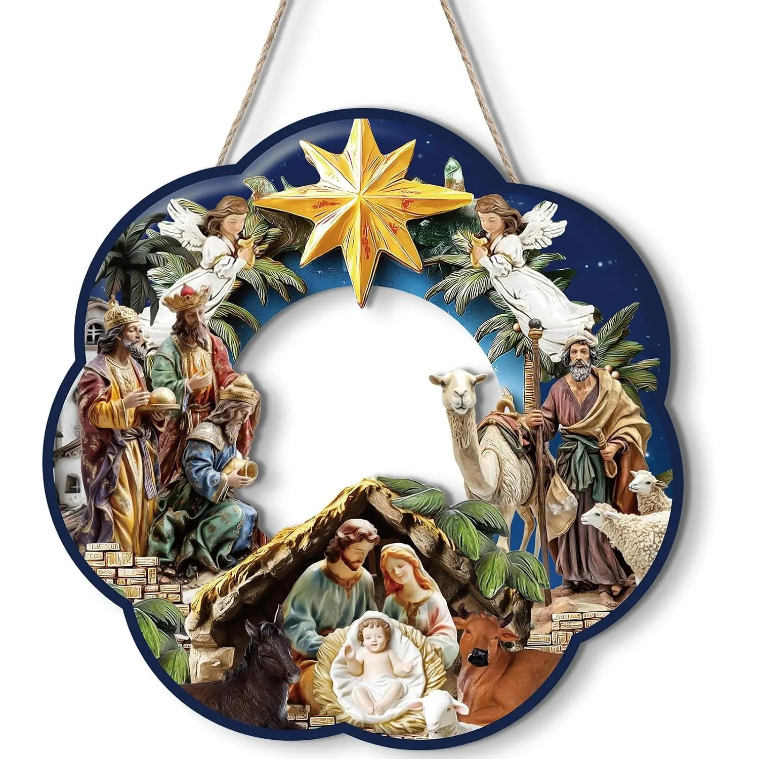 Holy Family Wreath Decorations Christmas Front Door Wreaths Sign Wooden Nativity Scene Christmas Wreath Religious Door Decoration for Window Xmas  Wall Decor(Nativity)