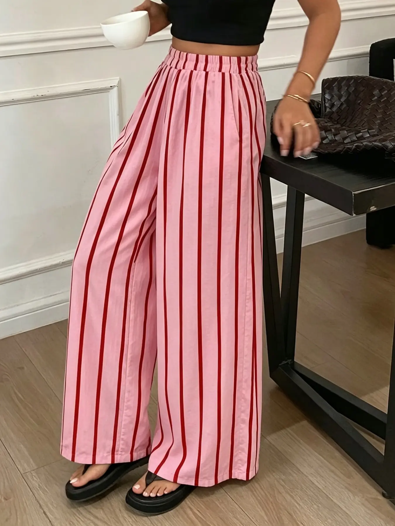 Women's pink vertical striped wide-leg pants, elastic high-waisted casual loose trousers, Casual Comfy Trousers, Oversized, lightweight and breathable, summer casual pants, daily street resort wear bottoms