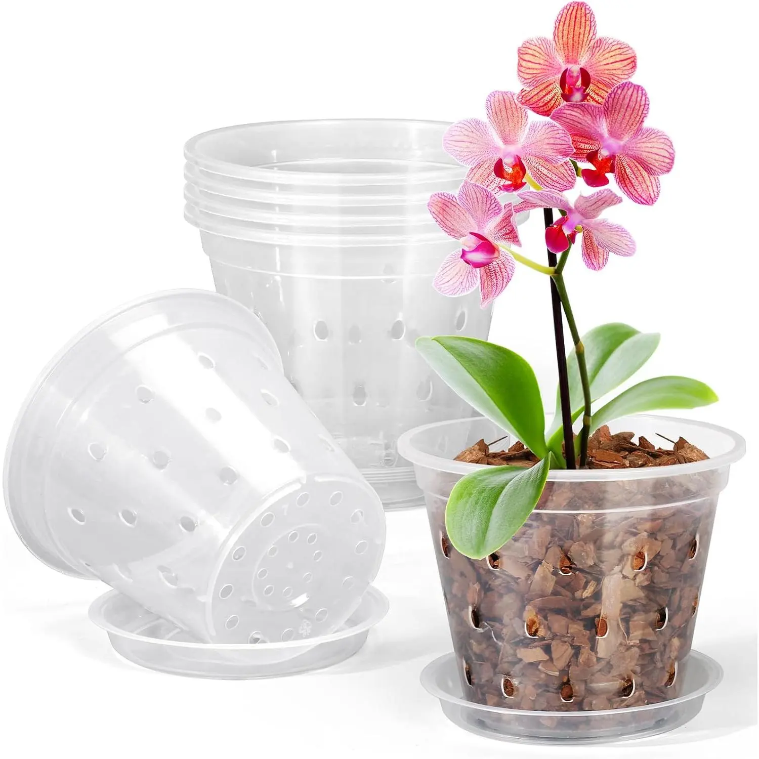 Orchid Pot, 6 Pack 4 Inch (Top Diameter) Clear Orchid Pots with Holes and Saucers for Repotting, Breathable Slotted Plastic Orchid Planters with Drainage for Root  Indoor Outdoor