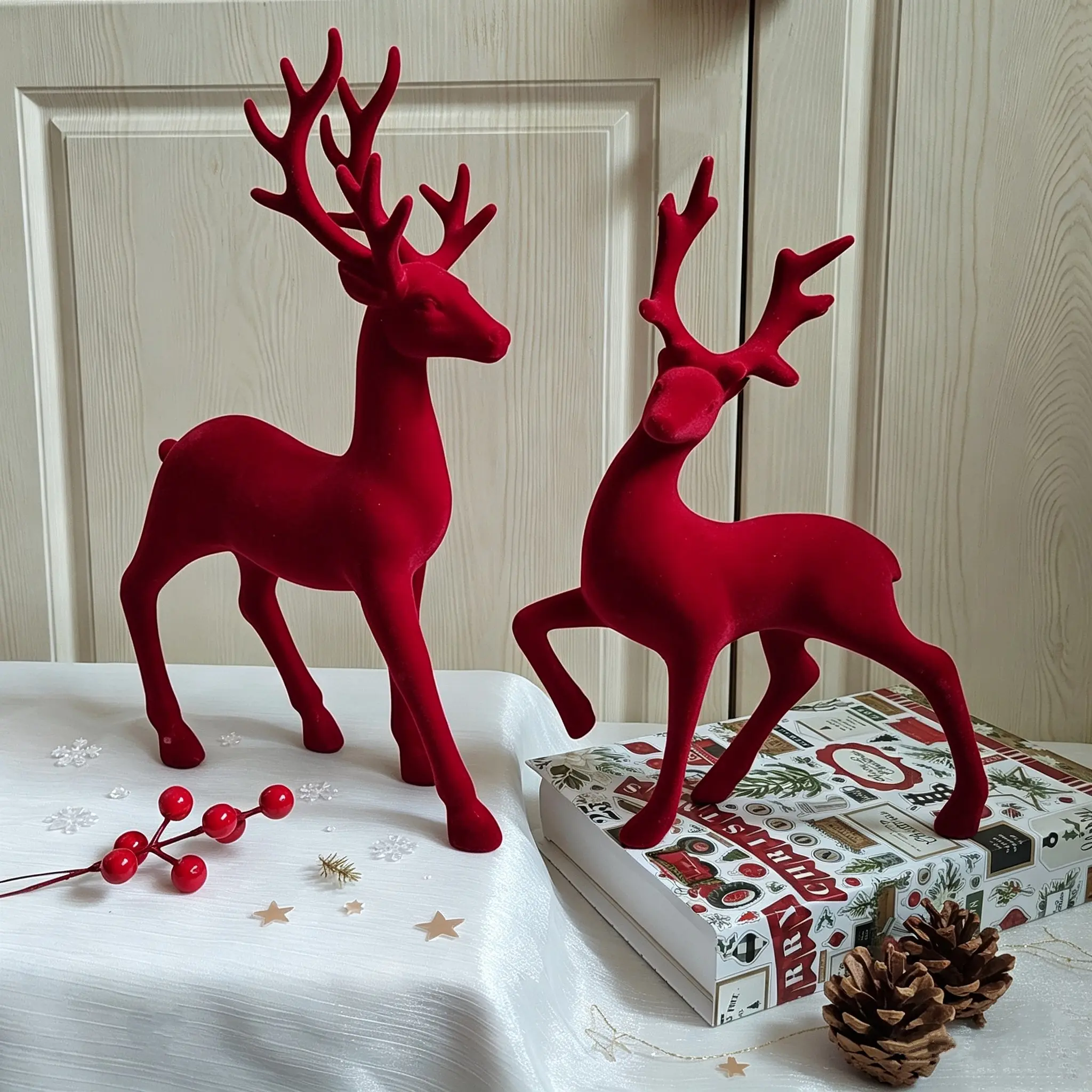 2pcs Red Flocked Reindeer Figurines, 12-14 Inch Modern Farmhouse Style Flocked Christmas Deer Ornaments, Tabletop Holiday Decor for Mantel, Shelf, Coffee Table, Xmas Home Decoration & Gift