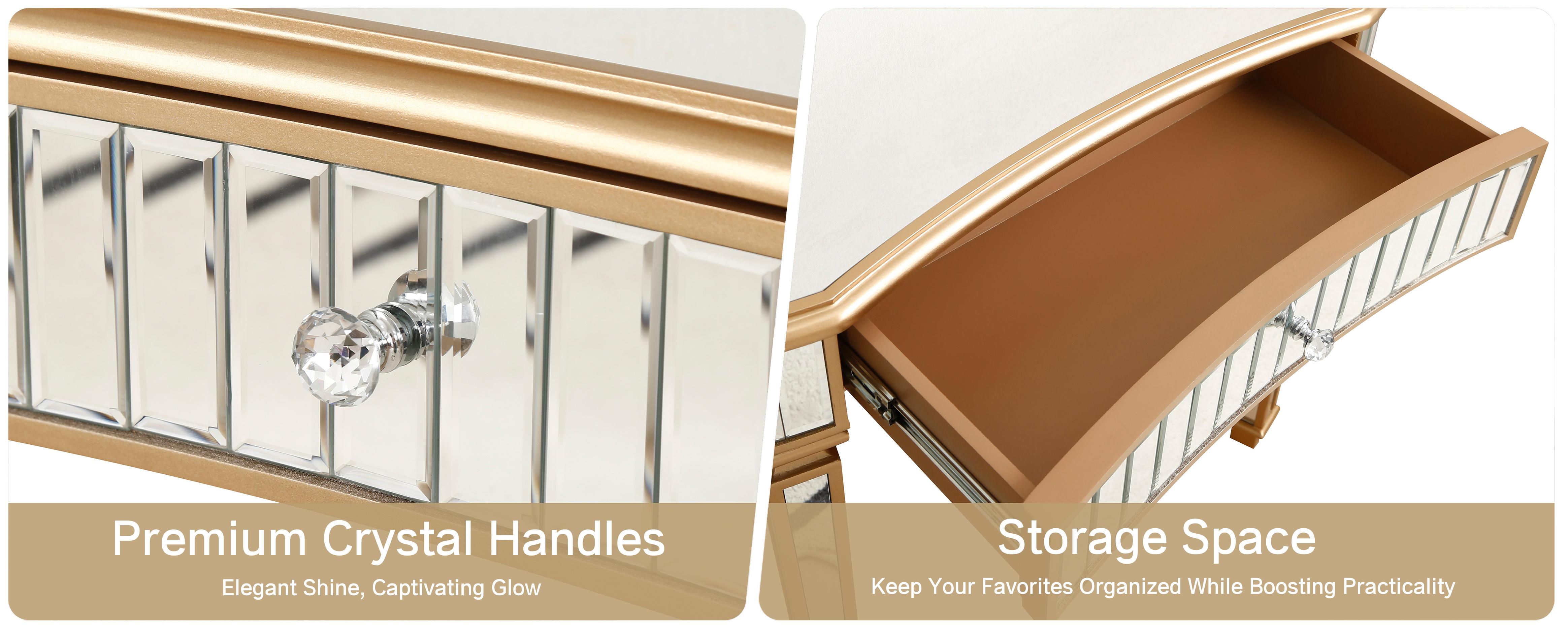 47" Half-Moon Mirrored Console Table with Fluted Glass & Crystal Knob Drawer - Silver Entryway Vanity Desk for Bedroom/Dressing Room(Gold+Sliver) 47" Half-Moon Mirrored Console Table with Fluted Glass & Crystal Knob Drawer - Silver Entryway Vanity Desk for Bedroom/Dressing Room(Gold+Sliver)