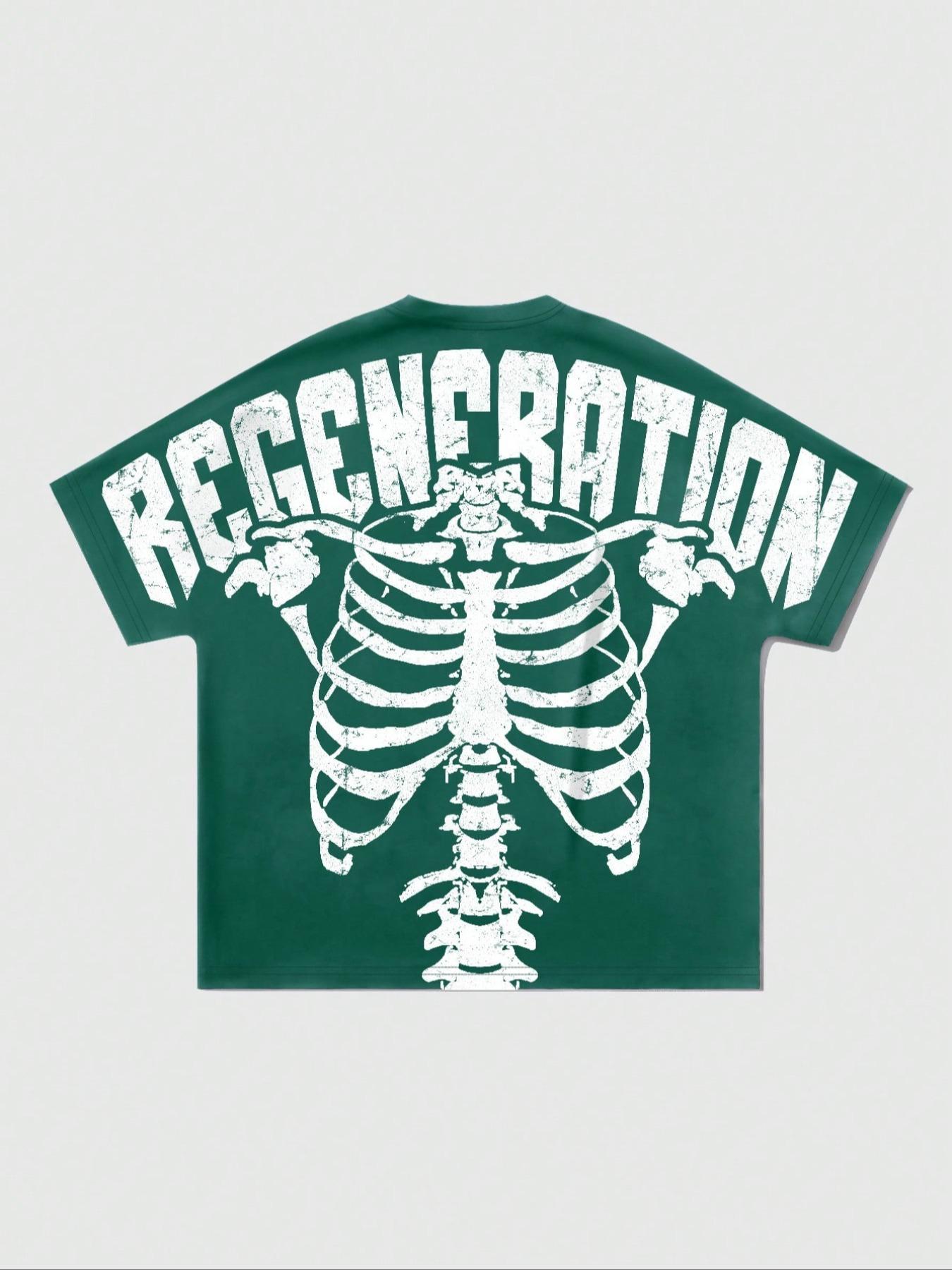 Men's Regular Fit Skeleton & Letter Print Round Neck Tee, Casual Short Sleeve Crew Neck T-Shirt for Summer, Fashion Men's Top for Daily Wear, Tropical