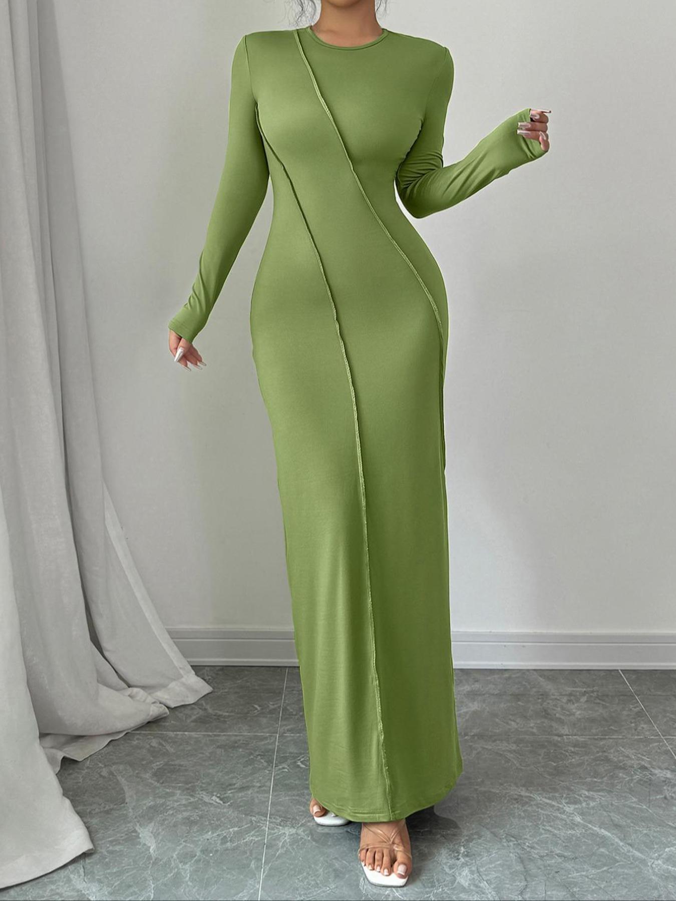Aliling Women's Plain Round Neck Long Sleeve Dress, Elegant Modest Solid Color Dress for Evening Party Holiday Wedding Guest, Ladies Spring & Fall Clothes