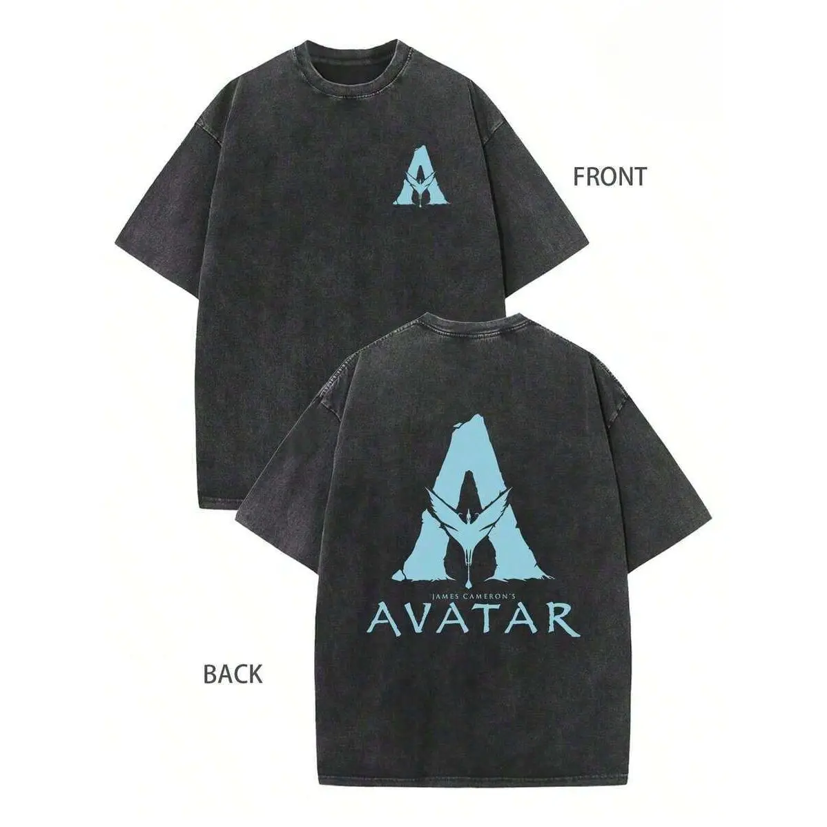Y2K Grunge Garment Washed Cotton Oversized Tee Avatar Bright Blue Ikran Mountain Cameron Text Double Side Graphic Print Retro Top For Alt Street Fashion Summer Sci Fi Movie Convention Wear