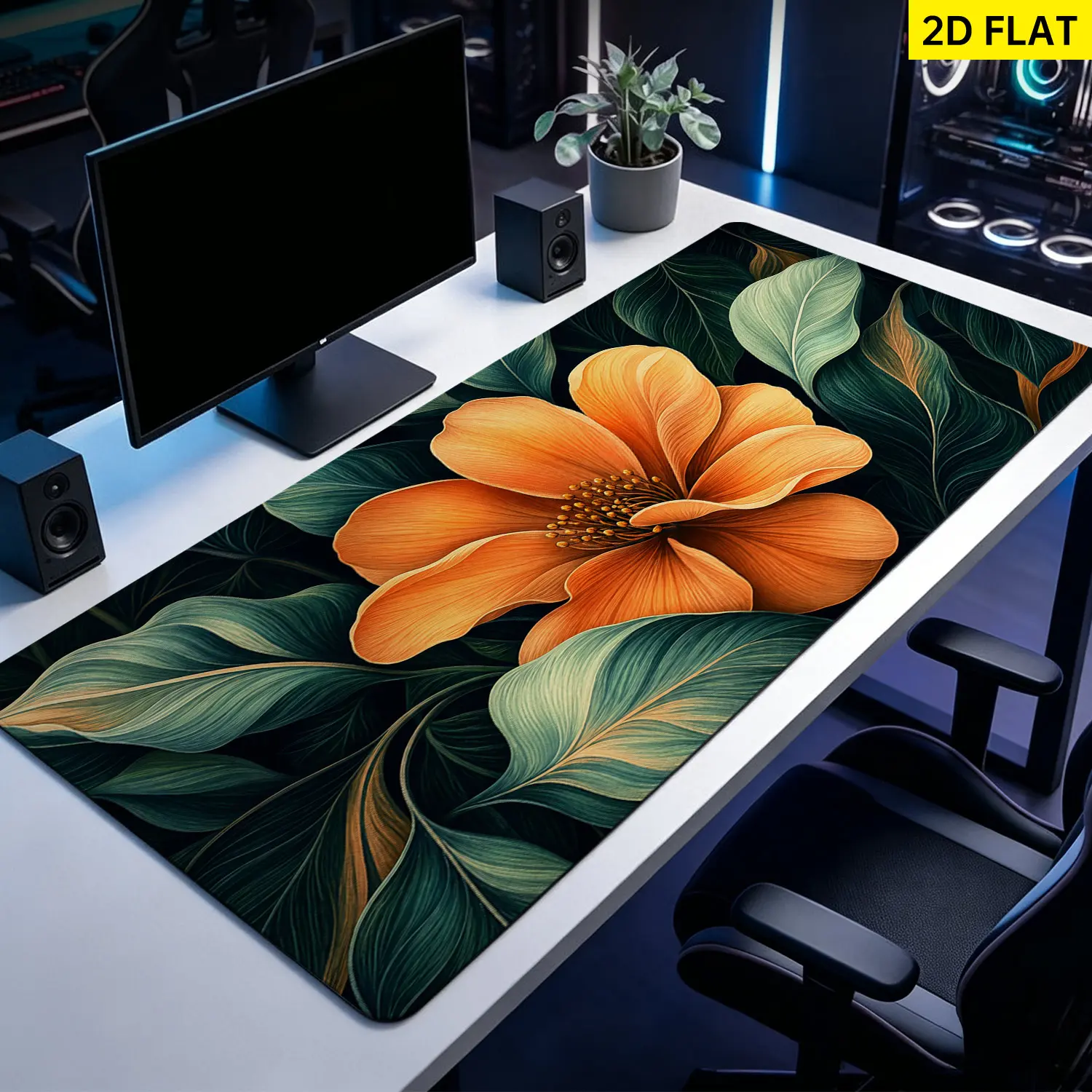 Extra Large orange flower and green leaves pattern Mouse Pad,Non Slip Rubber Pad,Desktop Decoration Drotection Pad,Washable,Lock Edge Multi Size,Premium Multipurpose Mousepad For Home,Office,Gift for Family and Friends