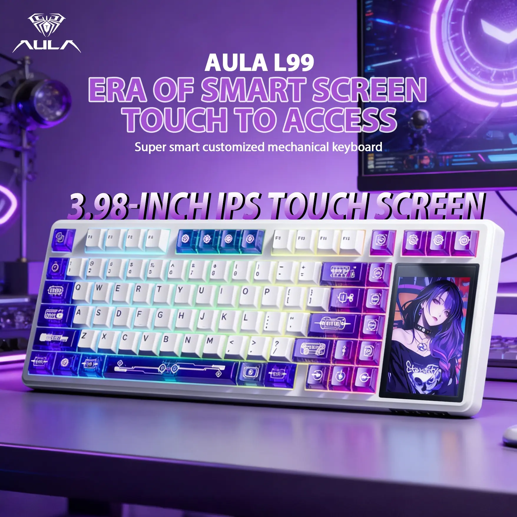 AULA L99 Customizable Mechanical Keyboard, 3.98 Inch IPS Touchscreen, 75-Key Layout, Triple Mode Bluetooth-compatible, Wired, Full Key Hotswap, RGB Gaming Keyboard