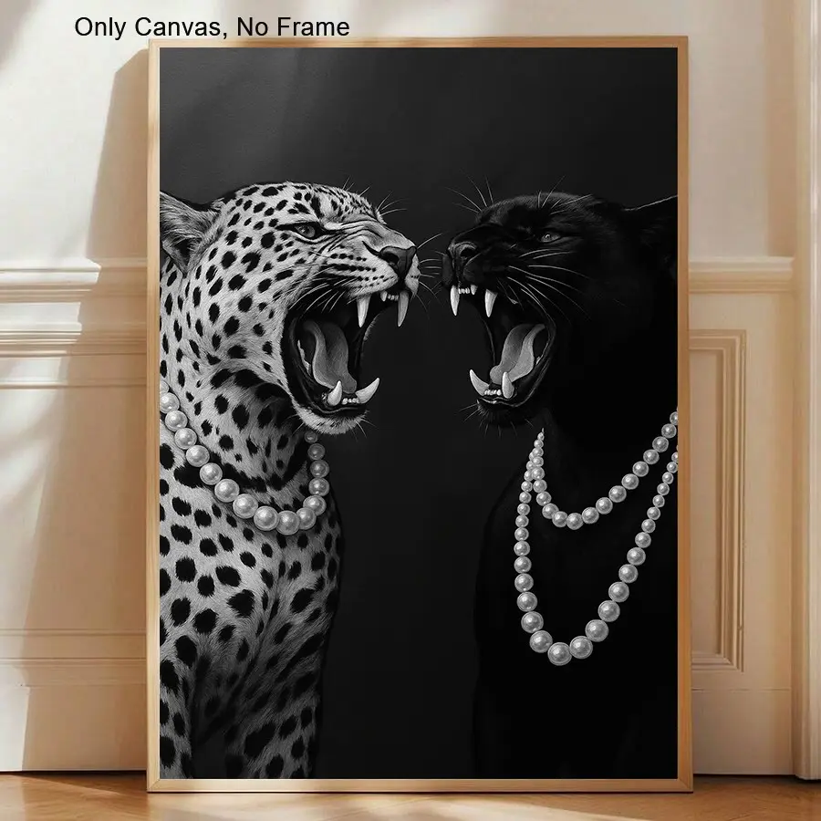 1pc, Black and White Pearls And Predators Posters and Prints, Roaring Leopard Canvas Painting, Wildlife Animsl Art Decorative Painting Wall Art, Best Gifts, for Cafe, Office, Kitchen, Bar, Living Room, Study Wall Decor, No Frame