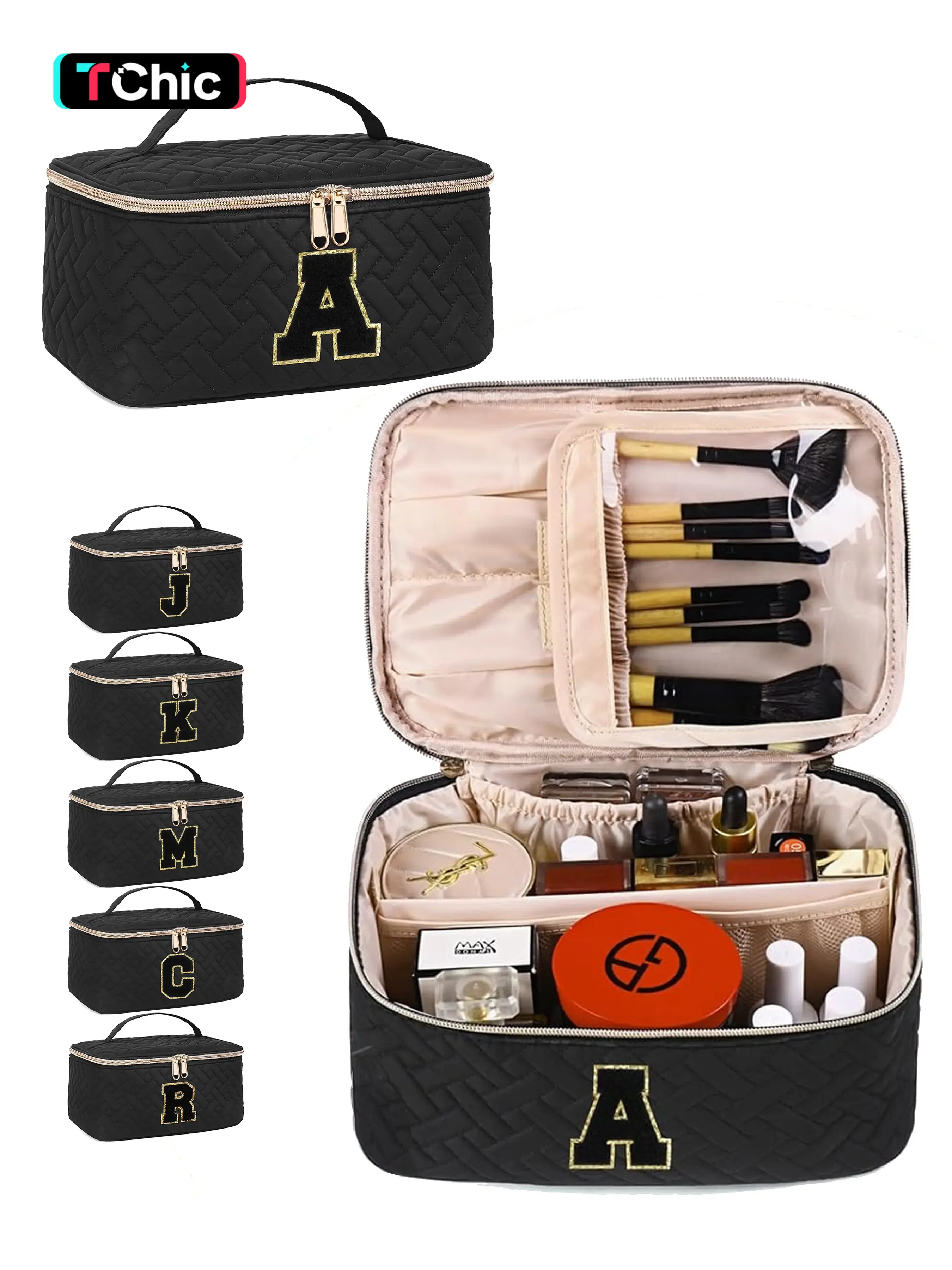 Makeup Bag, Cosmetic Storage Bag, Portable Durable Travel Cosmetic Bags, Large Capacity Travel Makeup Case Organizer, Makeup Organizer Bag for Girls, Cosmetic Bag with Zipper, Black for Women Toiletry Bag with Handle and Divider