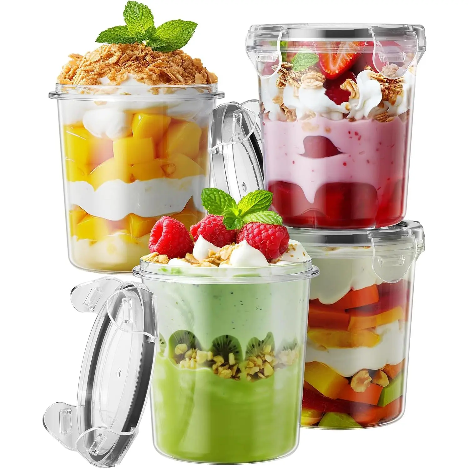 Overnight Oats Containers with , 4 Pack 13oz Overnight Oats Jars, Plastic Mason Jars, , Portable, Leak Proof Oatmeal Containers for Yogurt, Soup, Cereal, Milk and Salad