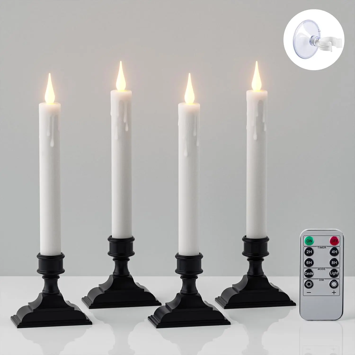 LED Flameless Window Taper Candles  Operated Remote Timer | White Plastic Flickering, 400 Hours Long Lasting, Black Holders Suction Cups Included, Christmas Holiday Decor, 4 Pack