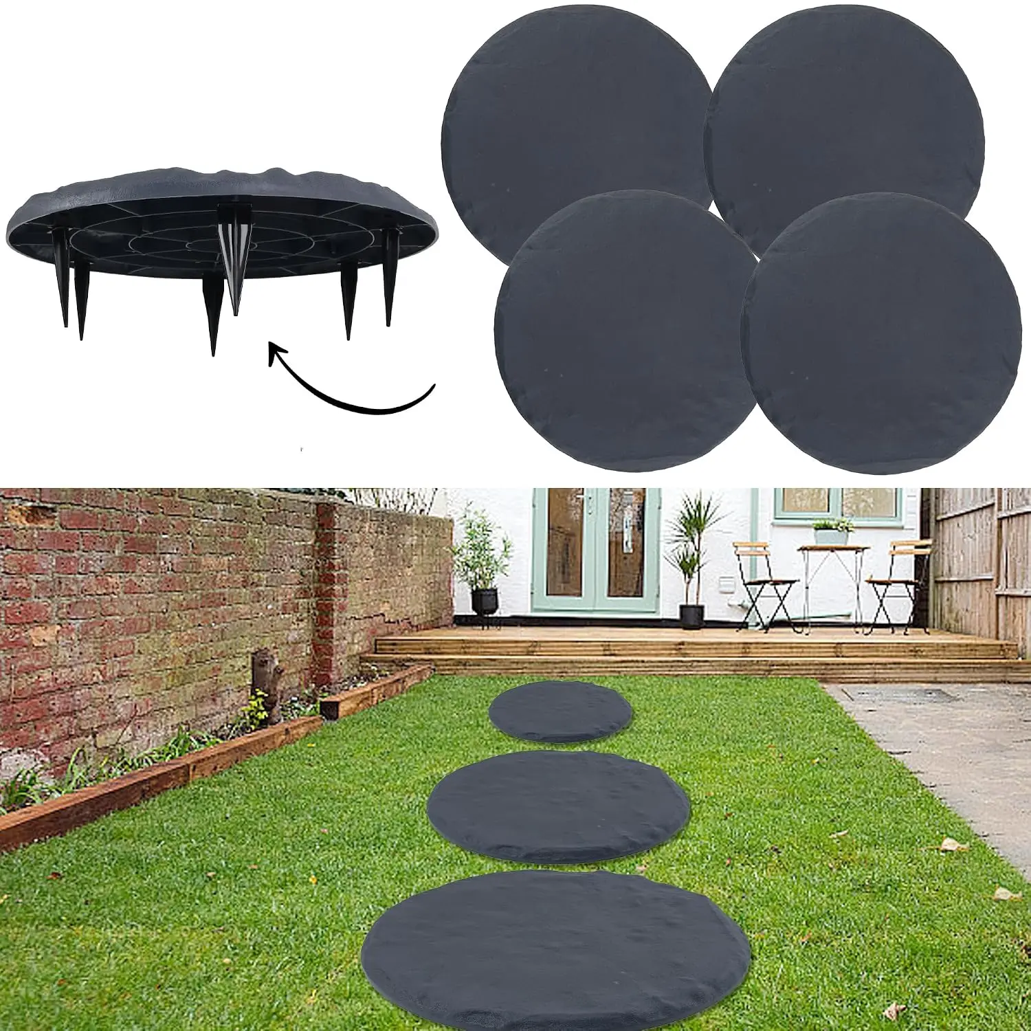 4 count Large Stepping Stones Outdoor Garden Walkway, Durable Plastic Pavers for Patio, Pathway, and Landscaping, Weatherproof Stepping Stones with Ground Stakes for Easy Installation (Round Grey)