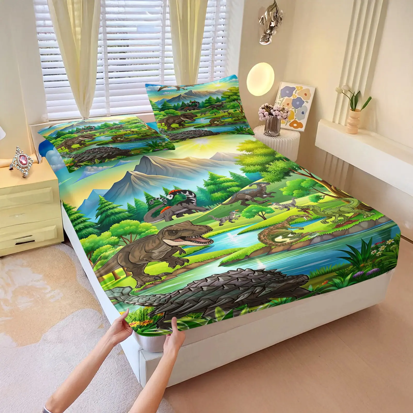 3pcs Jurassic World Dinosaur Pattern Fitted Sheet Set, Various Dinosaur Mountain And Forest Landscape Print Bedding Set, Cartoon Style, Soft And Comfortable Microfiber Sheets, Suitable For Children'S Bedroom Decor, All Seasons,With 2 Coreless Pillowcase
