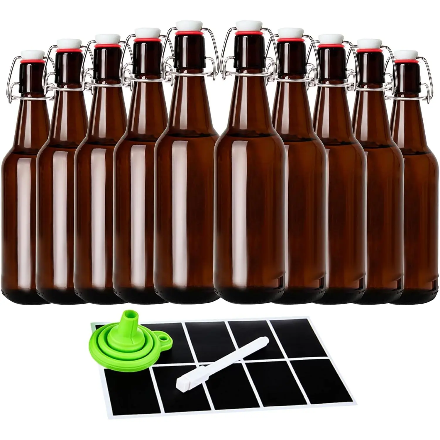 16.5oz Amber Beer Bottles with Flip Caps Set of 10, Swinging Top Glass Brewing Bottles with Airtight Lids for Vanilla Extract, Fermentation Kombucha, Beverage, Water, Kefir, Soda