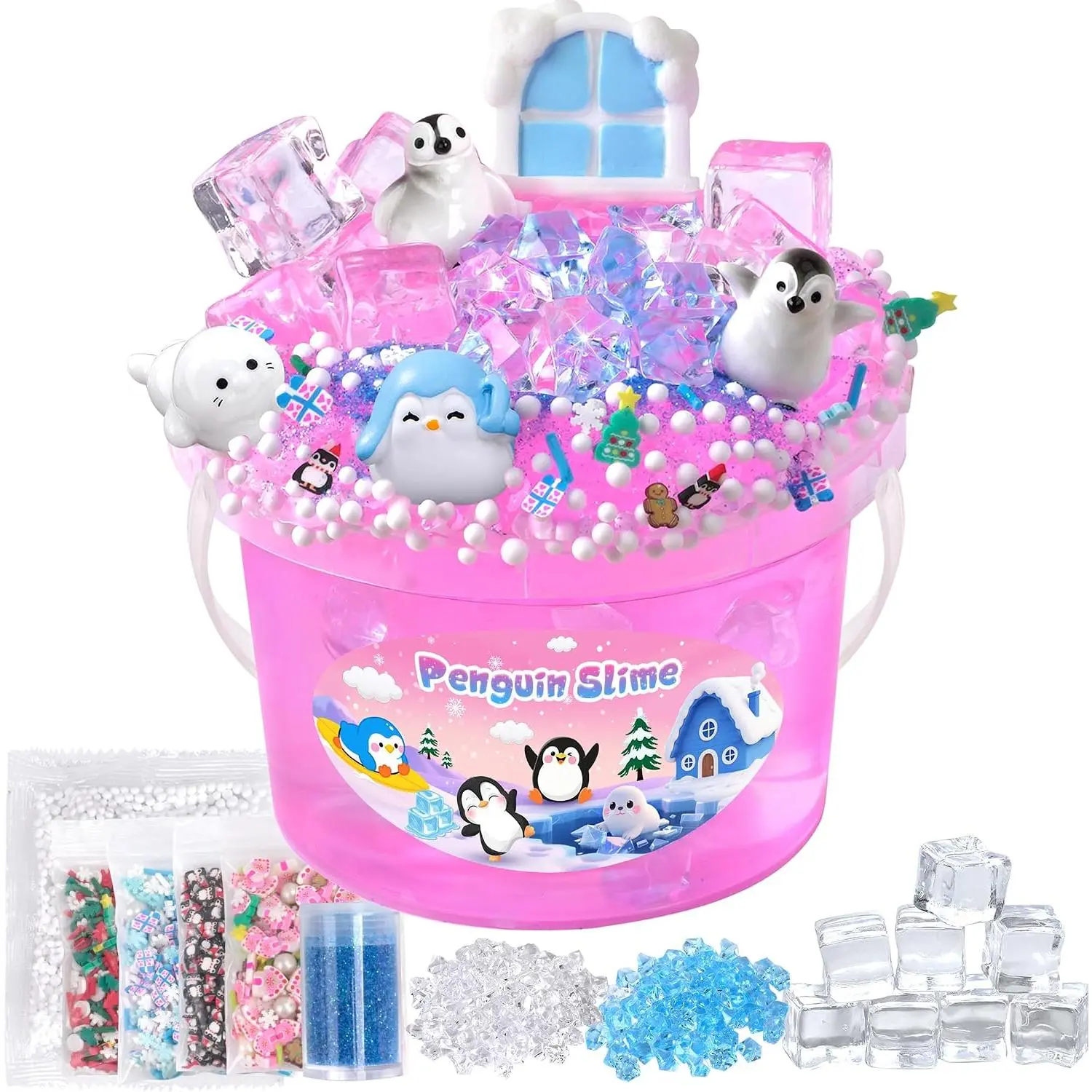 Penguin Slime Kit 10oz, Big Clear Slime Bucket with Cute Charms, Soft Non-Sticky Pink Slime Sensory Toys, Goodie Bag Stuffers Party Favors Birthday Gifts for Boys Girls Ages 4-12
