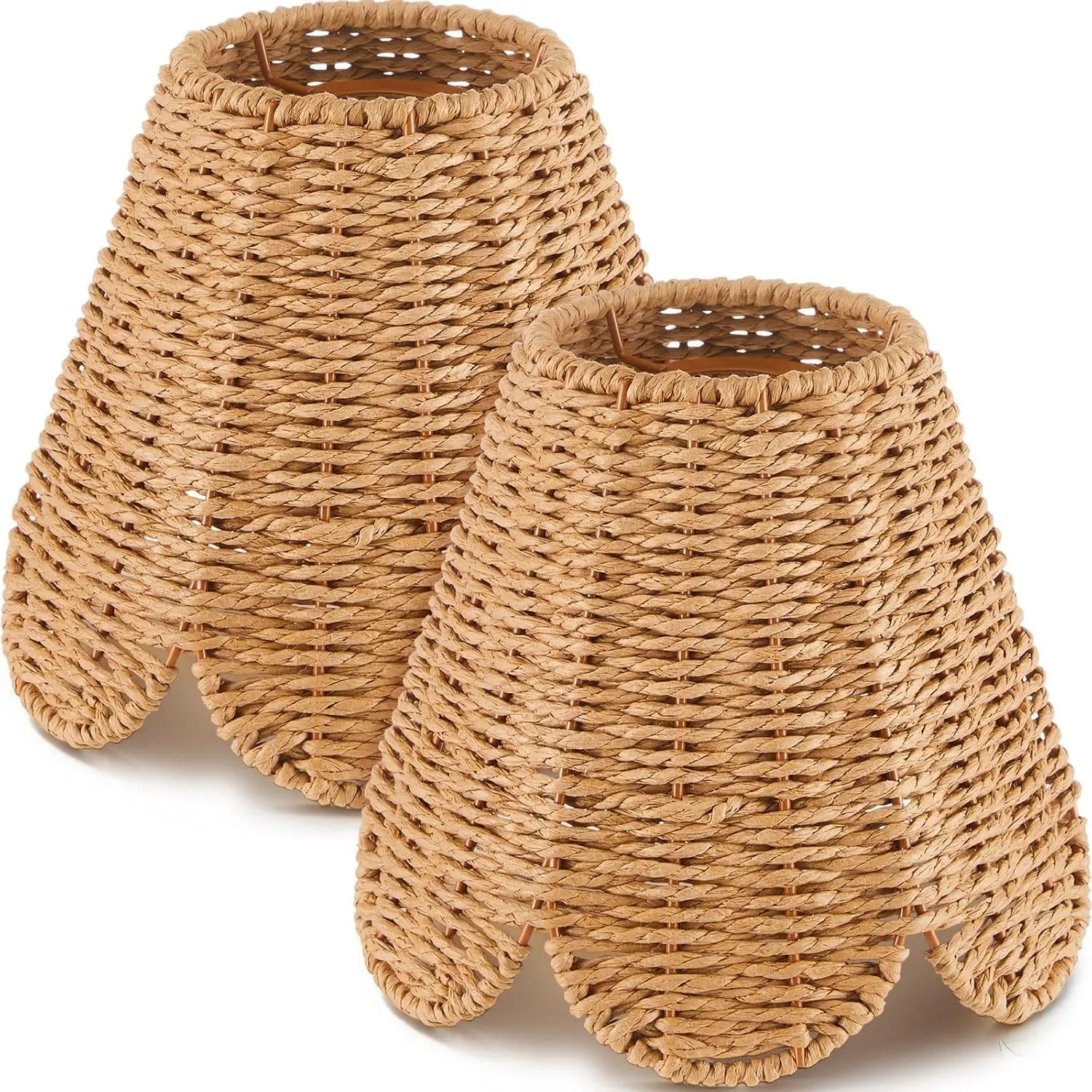 Small Clip-on Chandelier Rattan Lamps Set Shade Scalloped Lampshade 3"top x 6"bottom x 5-1/4"slant Height Empire Lamp Shade Chandelier or Accent Lamp(Paper Rope,Naturals,2 Pcs)